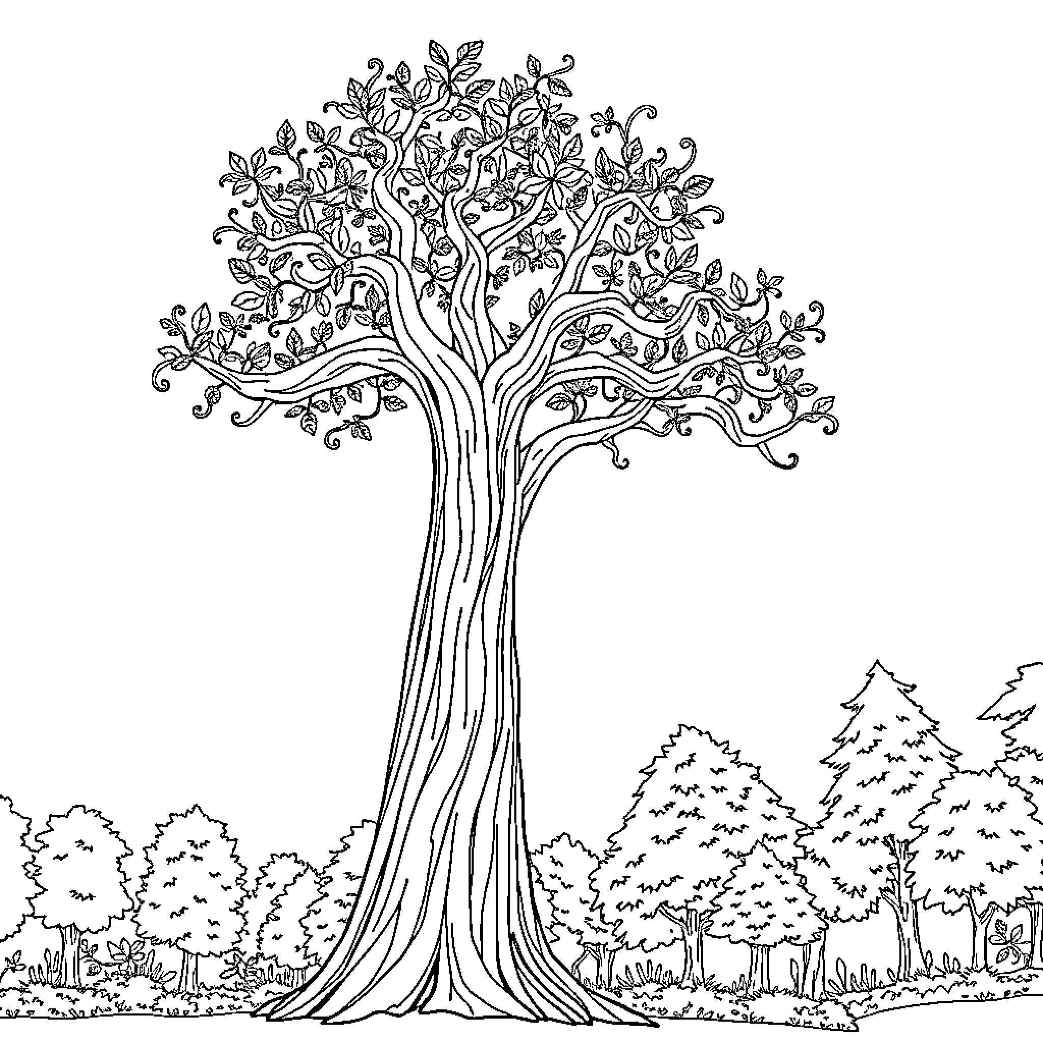 Efteling Tree of Imagination and Wonder Coloring Page (free black-and-white line drawing printable PDF for all, from beginners to advanced learners, including children, teens, adults, and seniors)