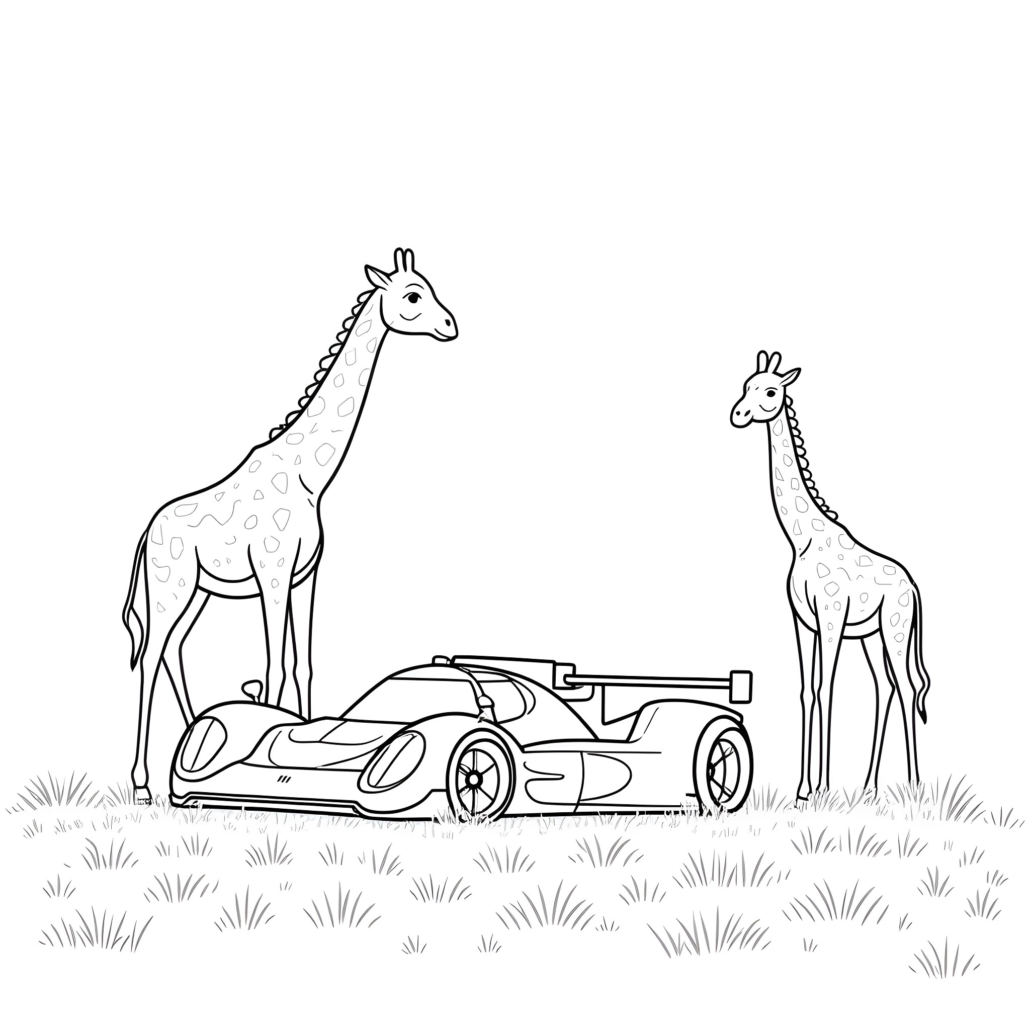 Race Car Surrounded by Giraffes in Grassy Field Coloring Page (free black-and-white line drawing printable PDF for all, from beginners to advanced learners, including children, teens, adults, and seniors)