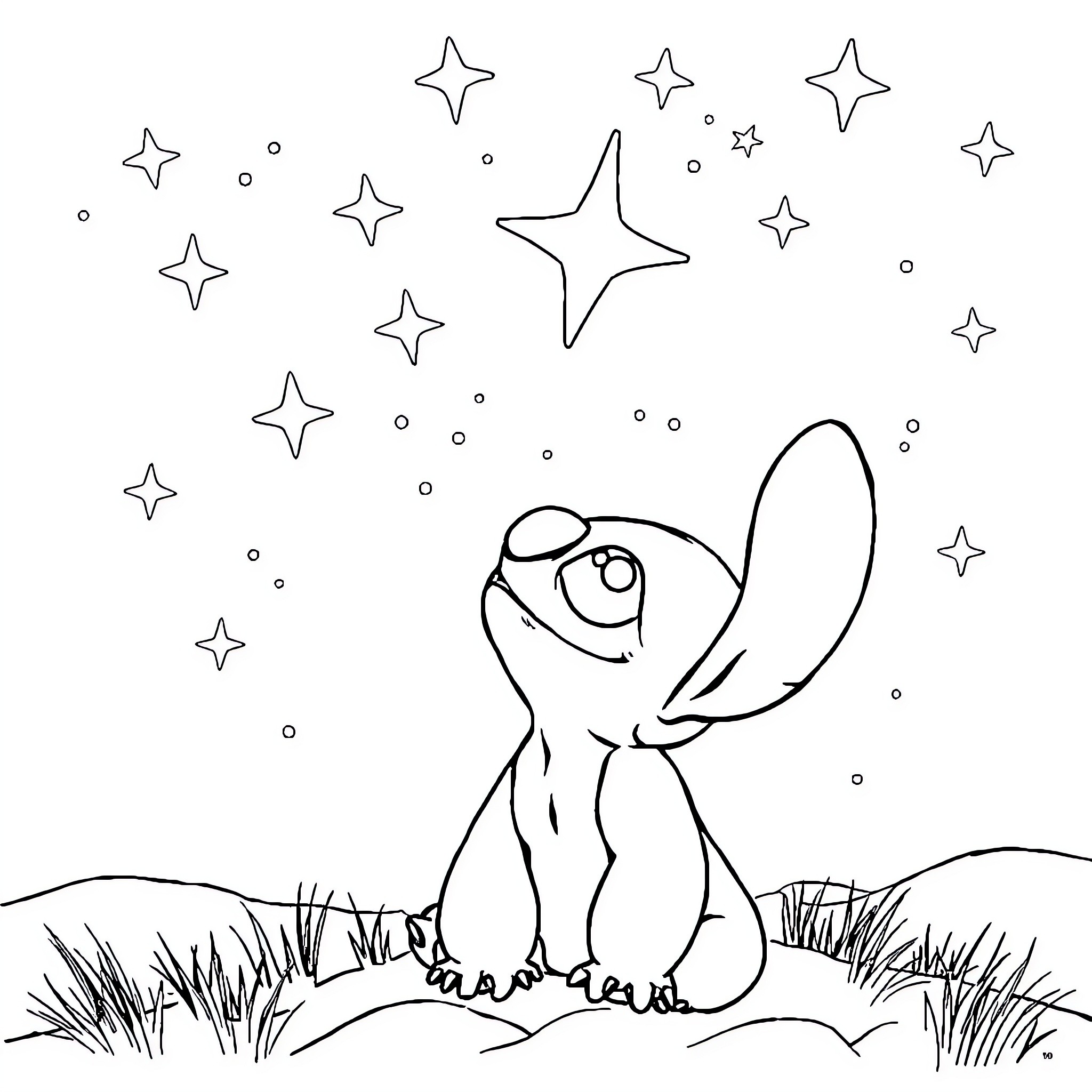 Stitch enjoying a starry night Coloring Page (free black-and-white line drawing printable PDF for all, from beginners to advanced learners, including children, teens, adults, and seniors)