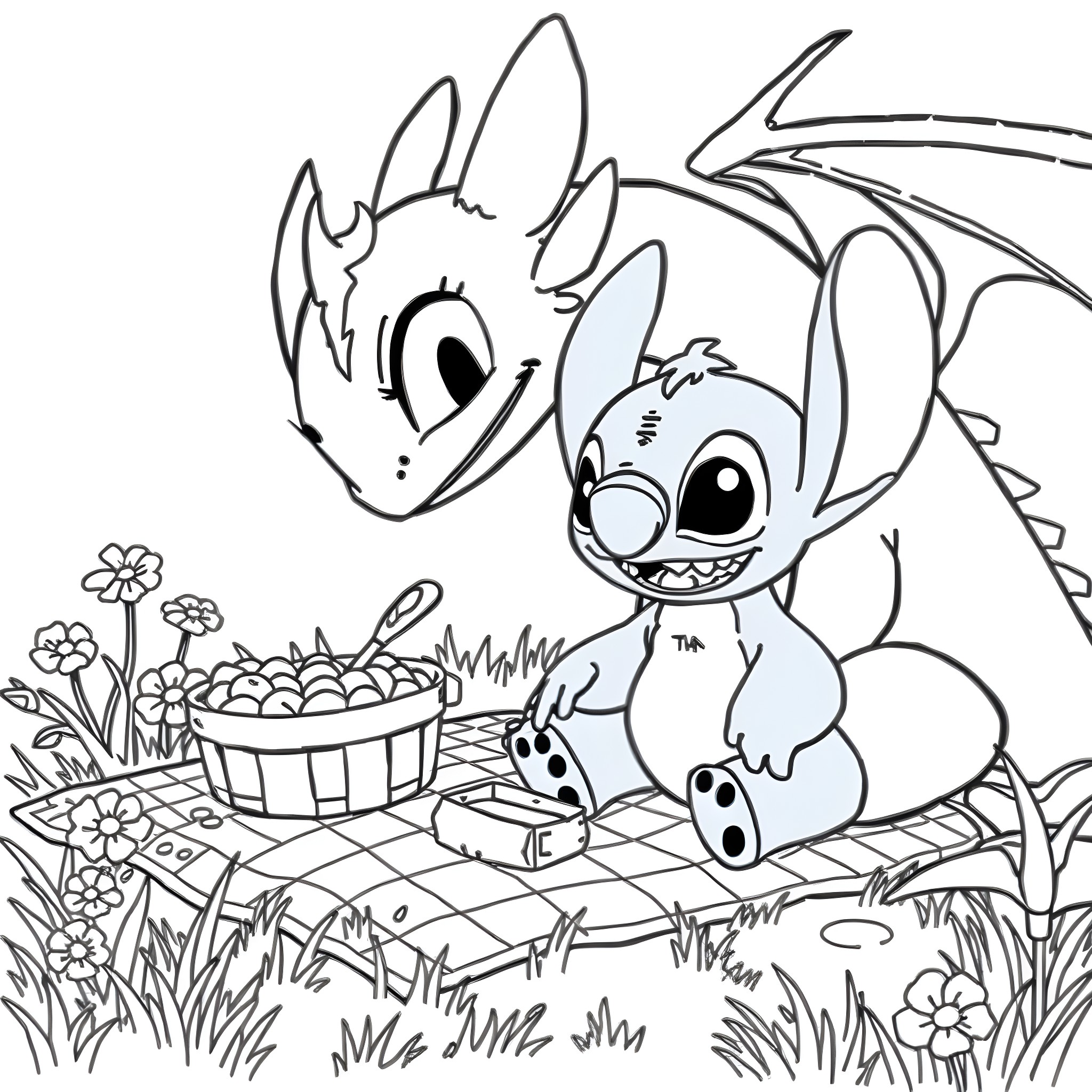 Dragon-like creature playing happily with a basket of flowers Coloring Page (free black-and-white line drawing printable PDF for all, from beginners to advanced learners, including children, teens, adults, and seniors)