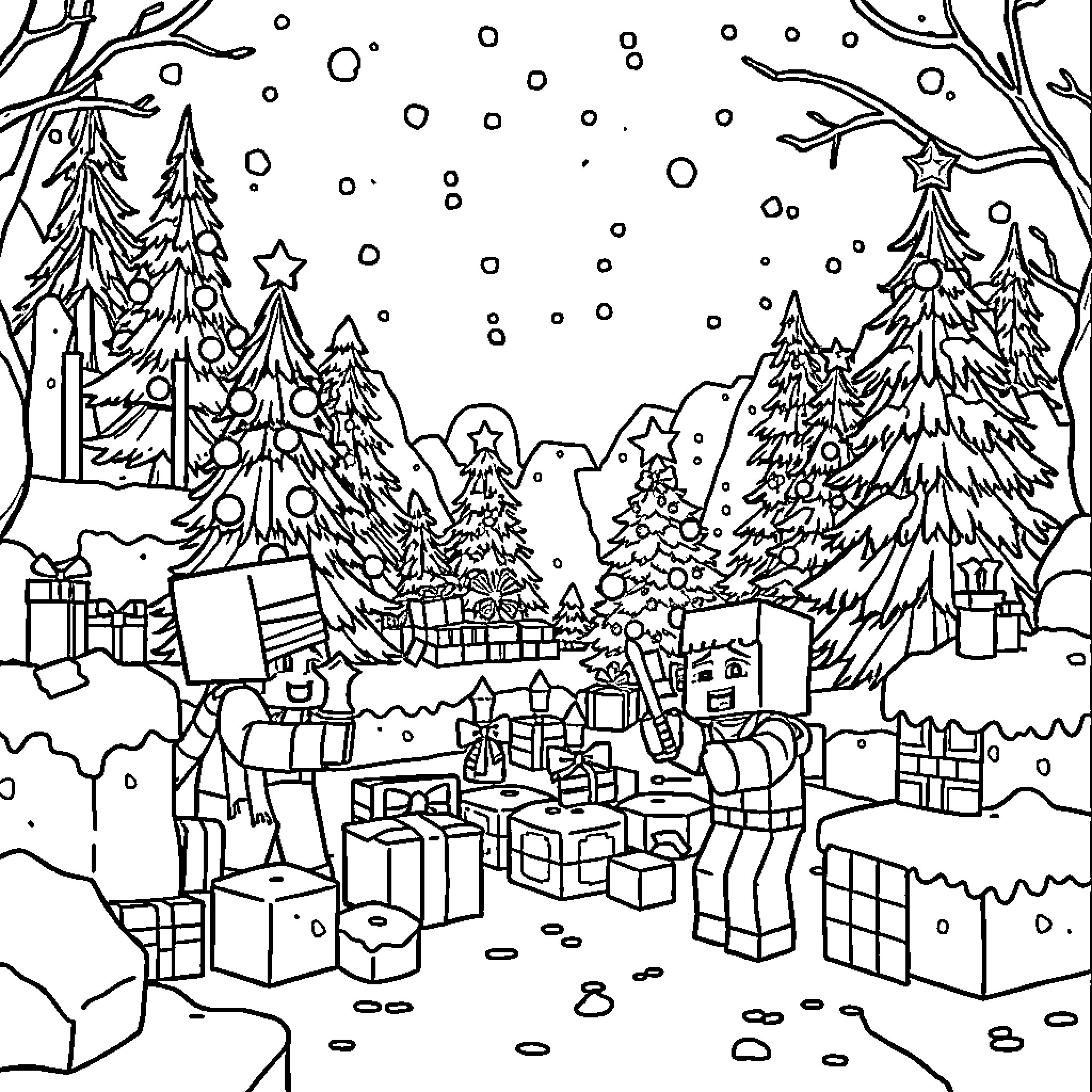 Minecraft Winter Wonderland with Snowy Trees and Gifts Coloring Page (free black-and-white line drawing printable PDF for all, from beginners to advanced learners, including children, teens, adults, and seniors)