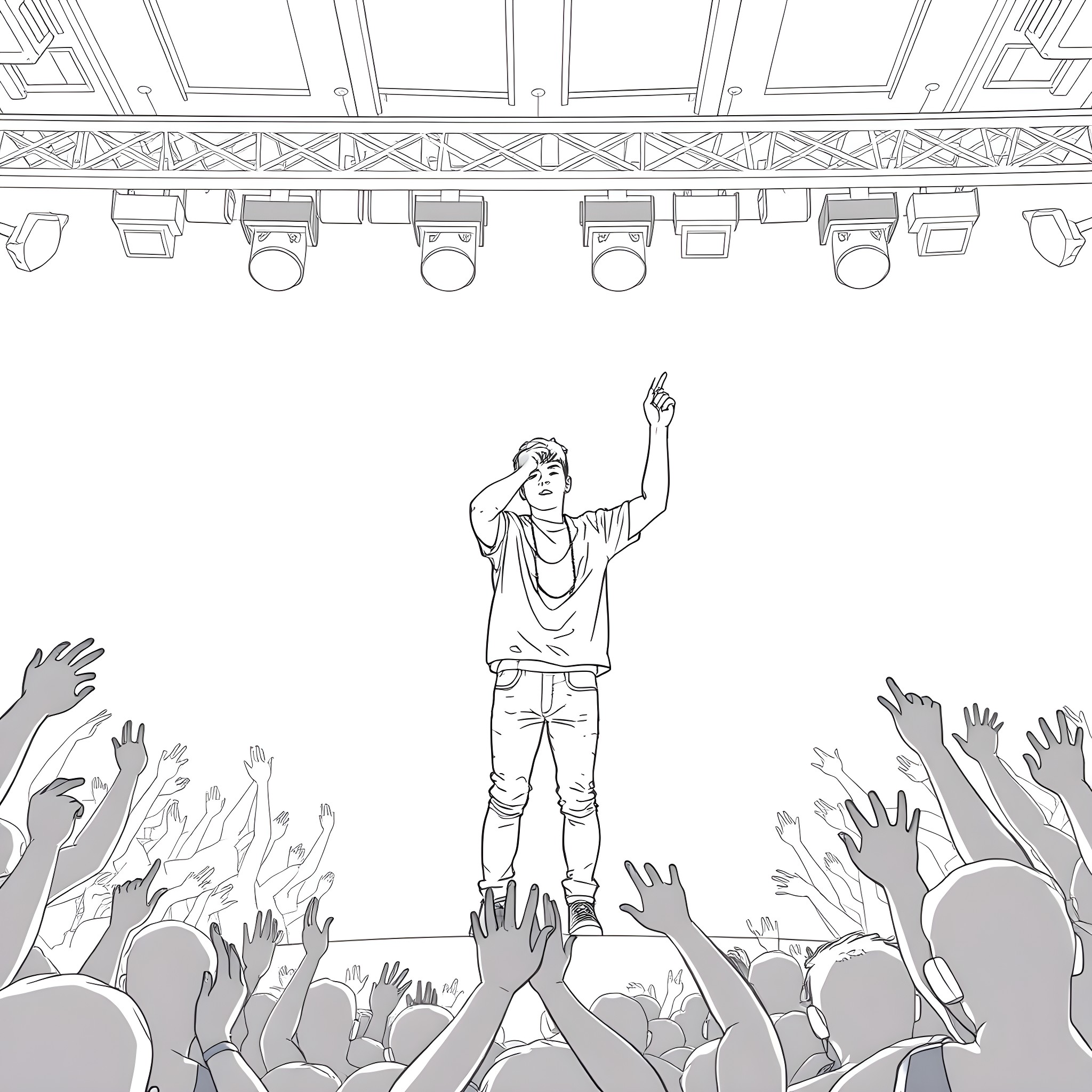 Justin Bieber performing on stage with cheering crowd Coloring Page (free black-and-white line drawing printable PDF for all, from beginners to advanced learners, including children, teens, adults, and seniors)