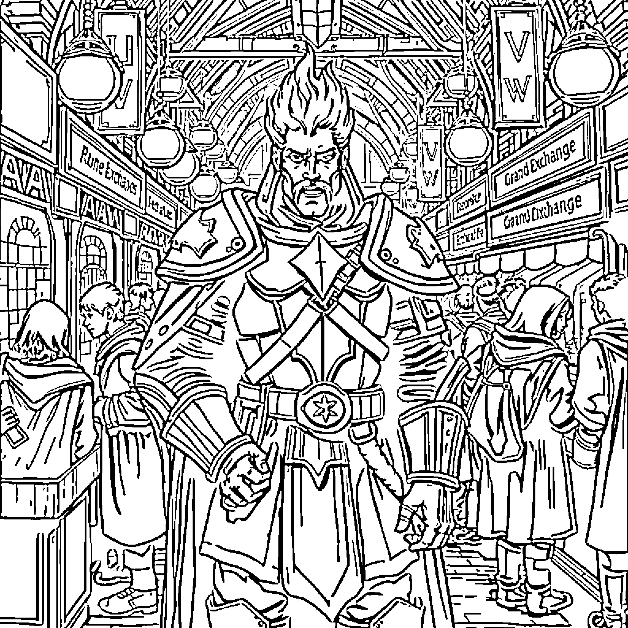Player Showcasing Heroic Attire in Urban Setting Coloring Page (free black-and-white line drawing printable PDF for all, from beginners to advanced learners, including children, teens, adults, and seniors)