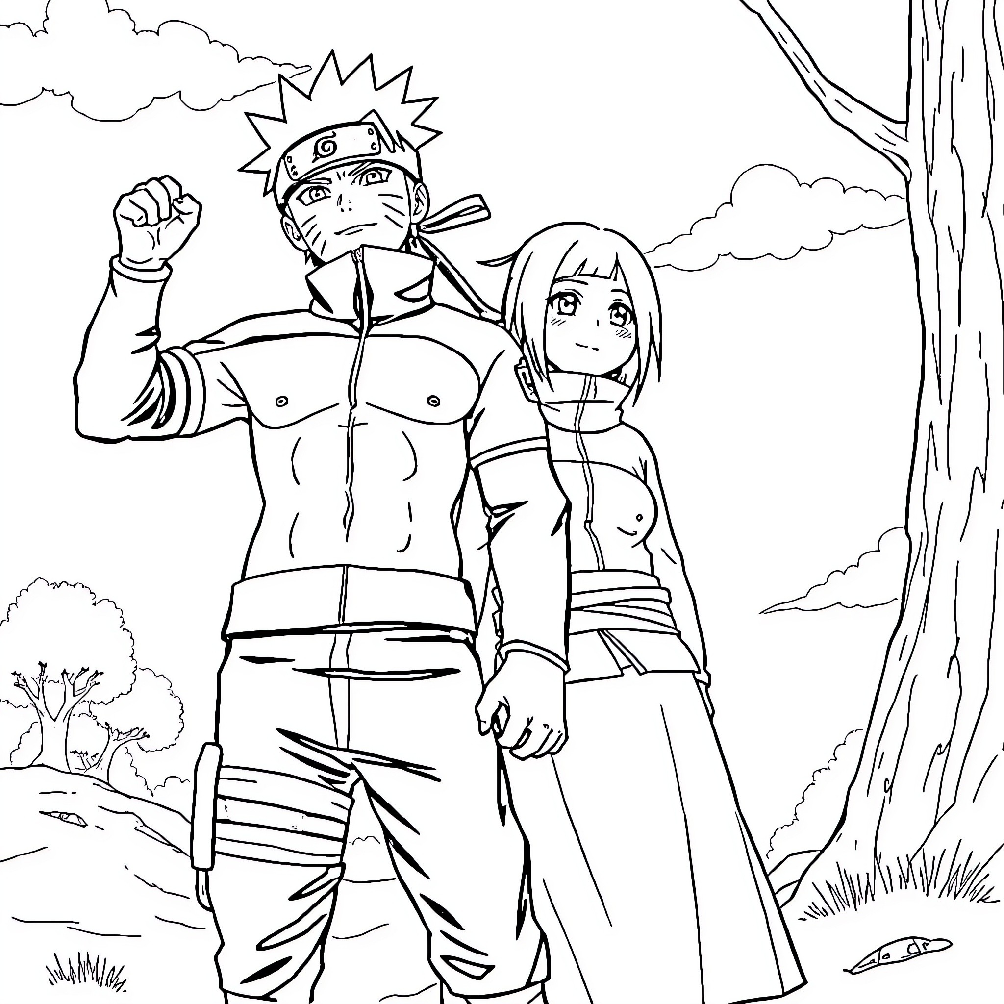 Naruto and Sakura's Ninja Adventure in the Forest Coloring Page (free black-and-white line drawing printable PDF for all, from beginners to advanced learners, including children, teens, adults, and seniors)