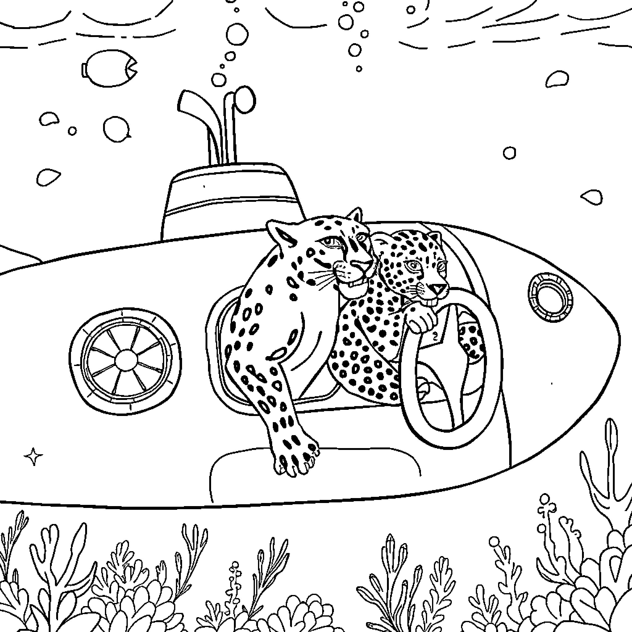 Panther Exploring the Underwater World in a Submarine Coloring Page (free black-and-white line drawing printable PDF for all, from beginners to advanced learners, including children, teens, adults, and seniors)