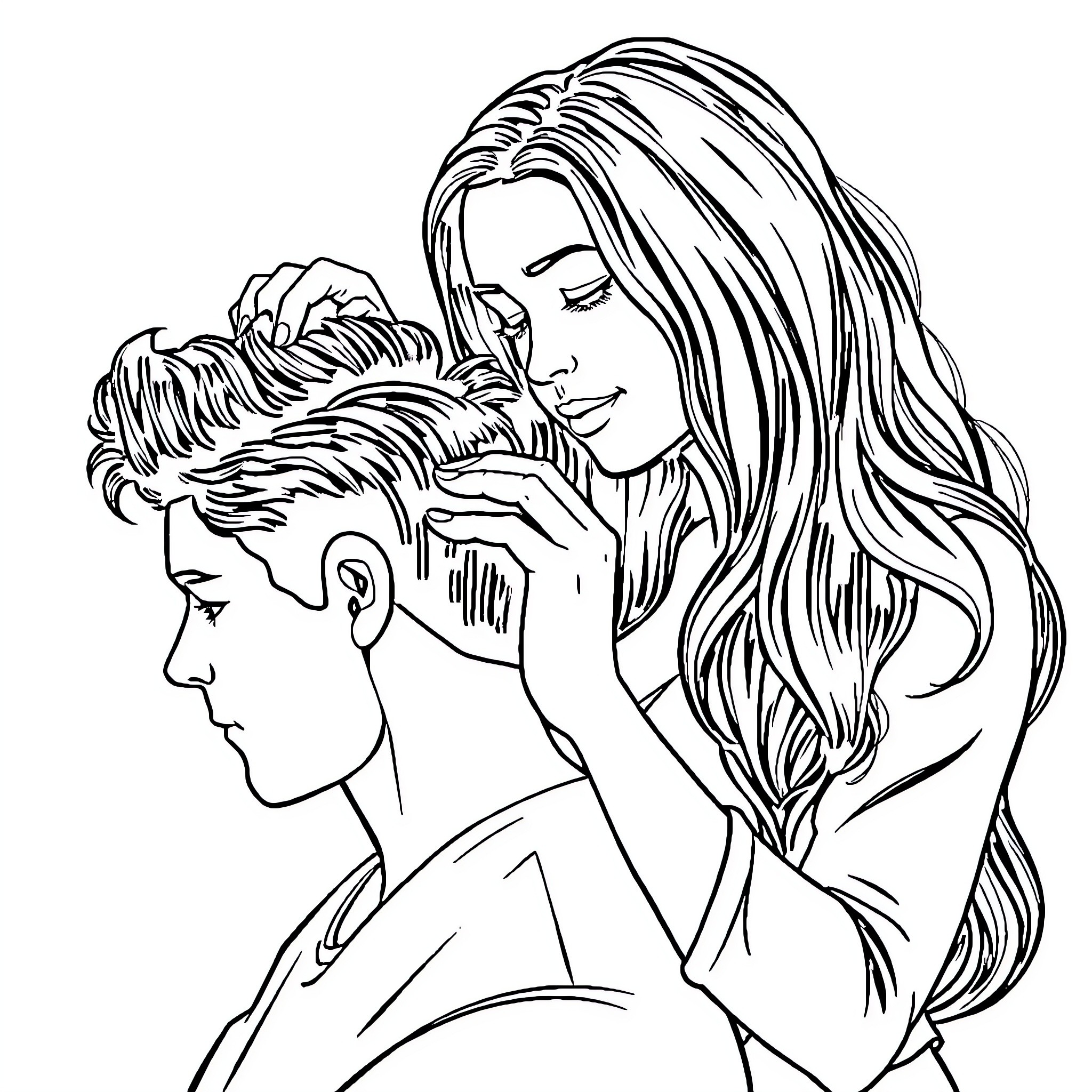 Woman tenderly braiding someone's hair Coloring Page (free black-and-white line drawing printable PDF for all, from beginners to advanced learners, including children, teens, adults, and seniors)