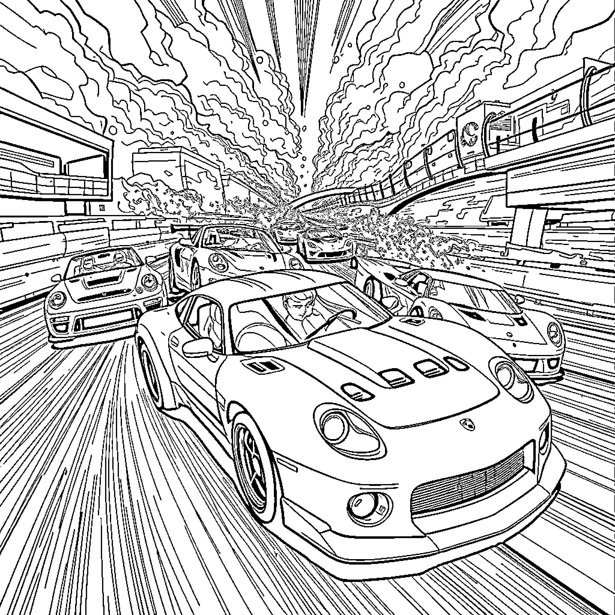 Fast and Furious Cars Speeding Through Intense Action Scene Coloring Page (free black-and-white line drawing printable PDF for all, from beginners to advanced learners, including children, teens, adults, and seniors)