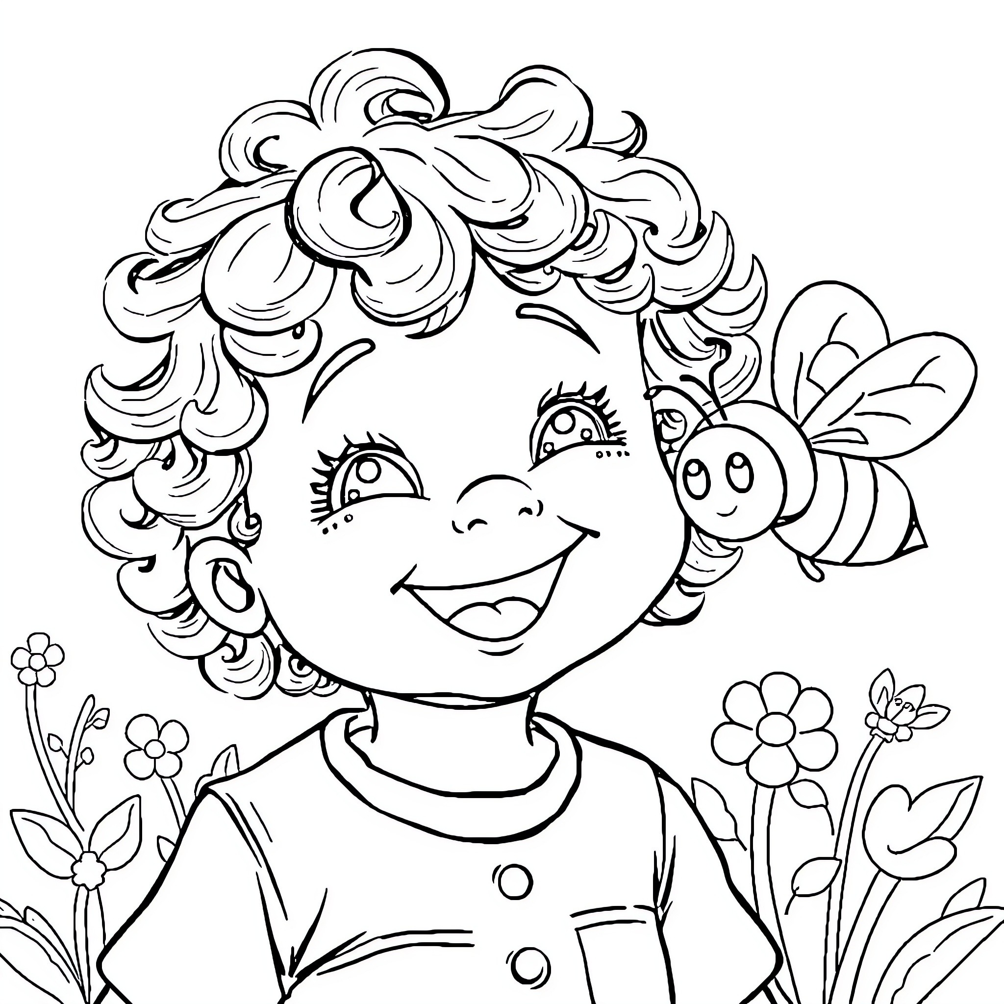 Bee-utiful girl with charming flowers and playful bees Coloring Page (free black-and-white line drawing printable PDF for all, from beginners to advanced learners, including children, teens, adults, and seniors)