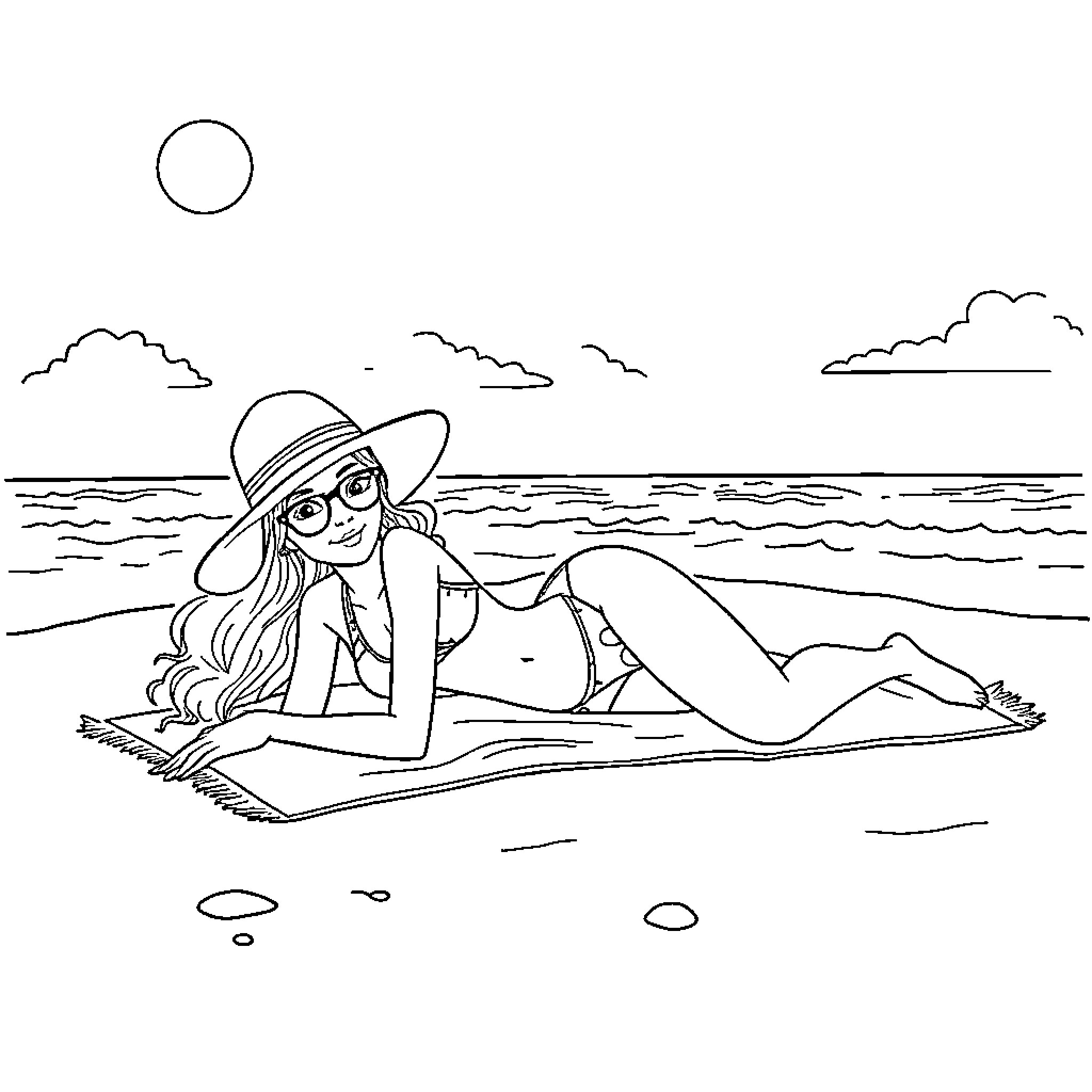 Girl relaxing on the beach Coloring Page (free black-and-white line drawing printable PDF for all, from beginners to advanced learners, including children, teens, adults, and seniors)