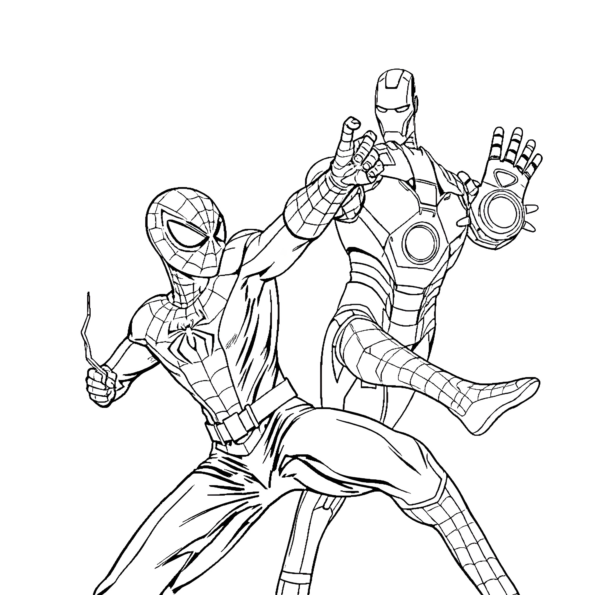Spiderman battles Iron Man in heroic confrontation Coloring Page (free black-and-white line drawing printable PDF for all, from beginners to advanced learners, including children, teens, adults, and seniors)