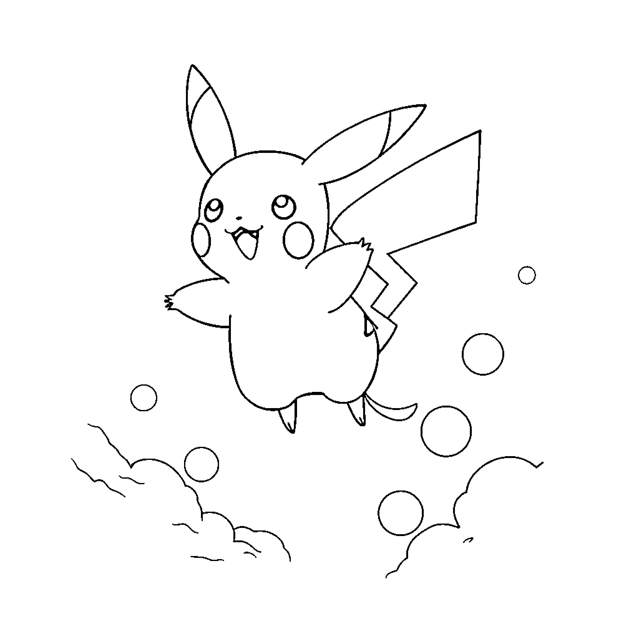 Pikachu cheerfully floating with bubbles Coloring Page (free black-and-white line drawing printable PDF for all, from beginners to advanced learners, including children, teens, adults, and seniors)