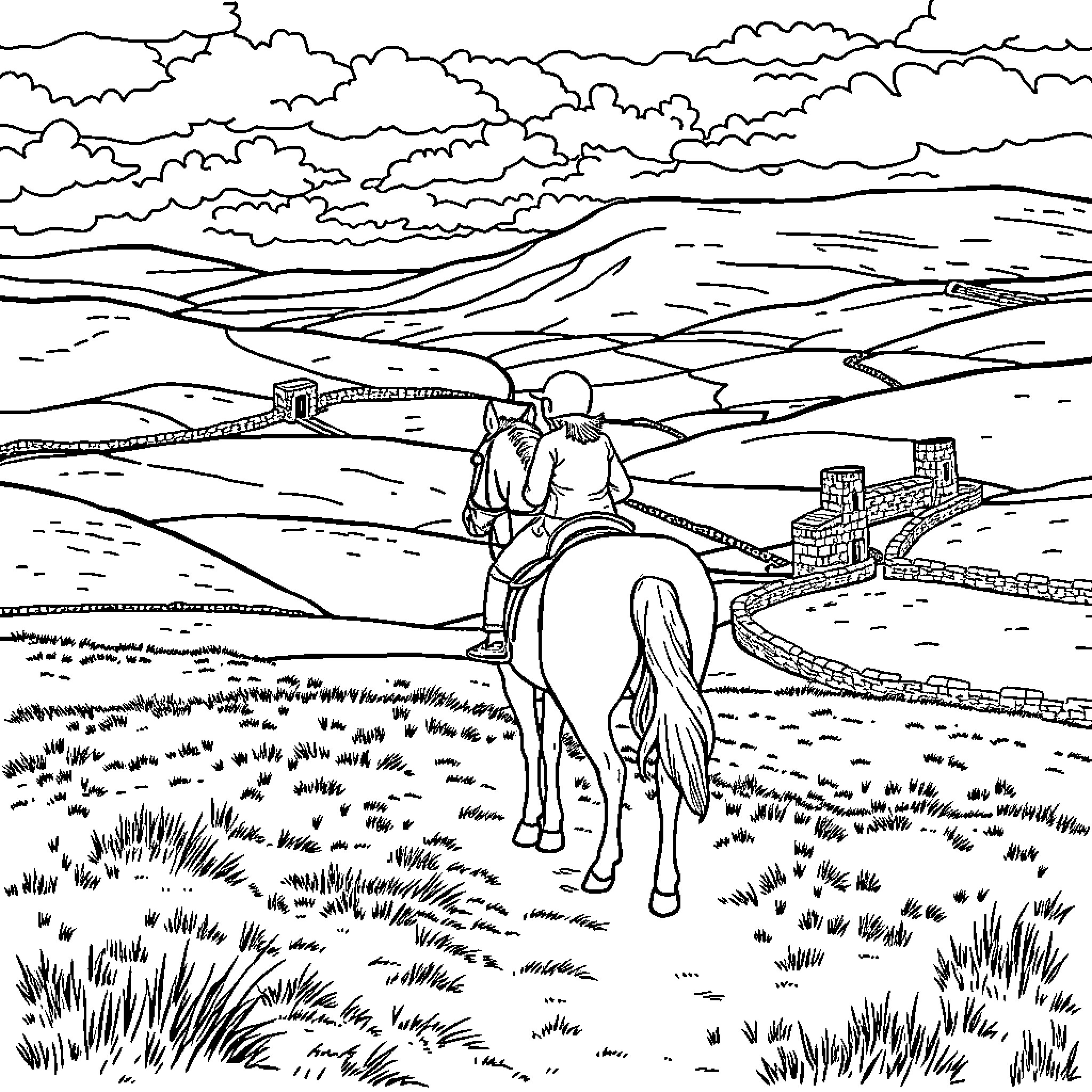 Horse riding through countryside landscape Coloring Page (free black-and-white line drawing printable PDF for all, from beginners to advanced learners, including children, teens, adults, and seniors)