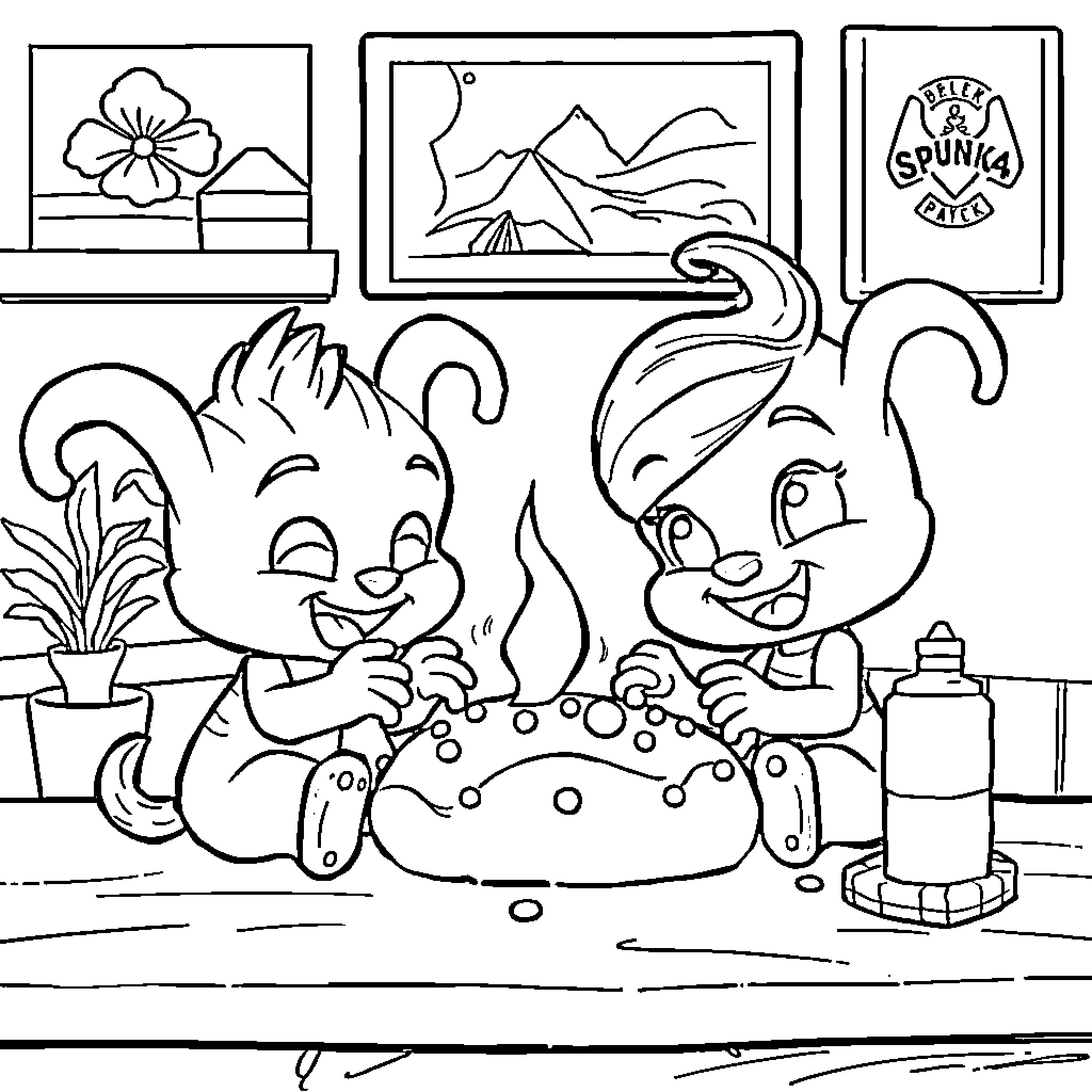 Toy chipmunks playing with bubbles in the room Coloring Page (free black-and-white line drawing printable PDF for all, from beginners to advanced learners, including children, teens, adults, and seniors)