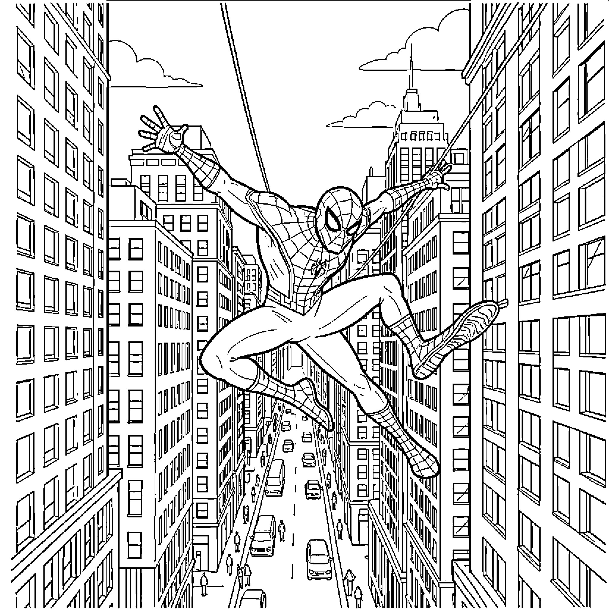 Spider-Man swinging through tall city buildings Coloring Page (free black-and-white line drawing printable PDF for all, from beginners to advanced learners, including children, teens, adults, and seniors)