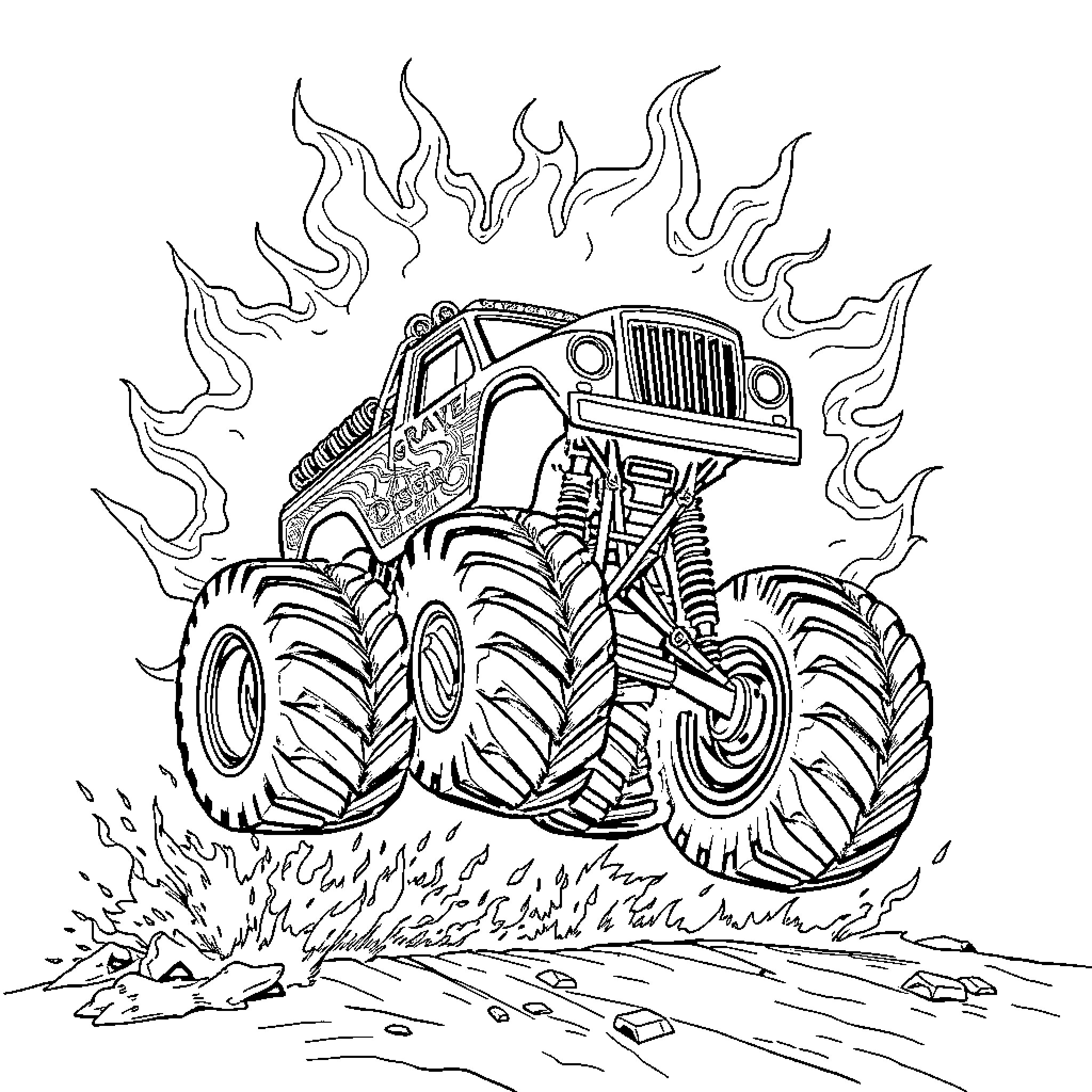 Monster Truck Crushing the Ground with Flames Coloring Page (free black-and-white line drawing printable PDF for all, from beginners to advanced learners, including children, teens, adults, and seniors)