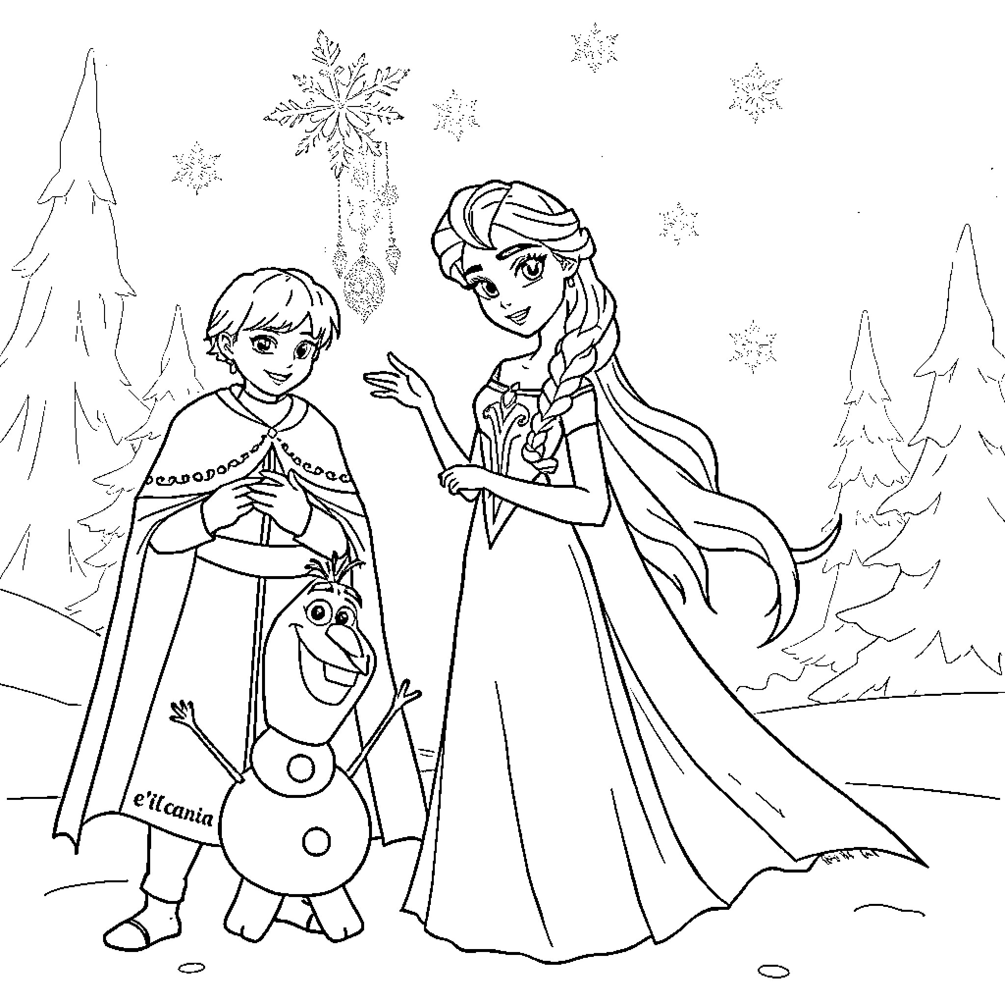 Princess smiling with friends in a winter landscape Coloring Page (free black-and-white line drawing printable PDF for all, from beginners to advanced learners, including children, teens, adults, and seniors)