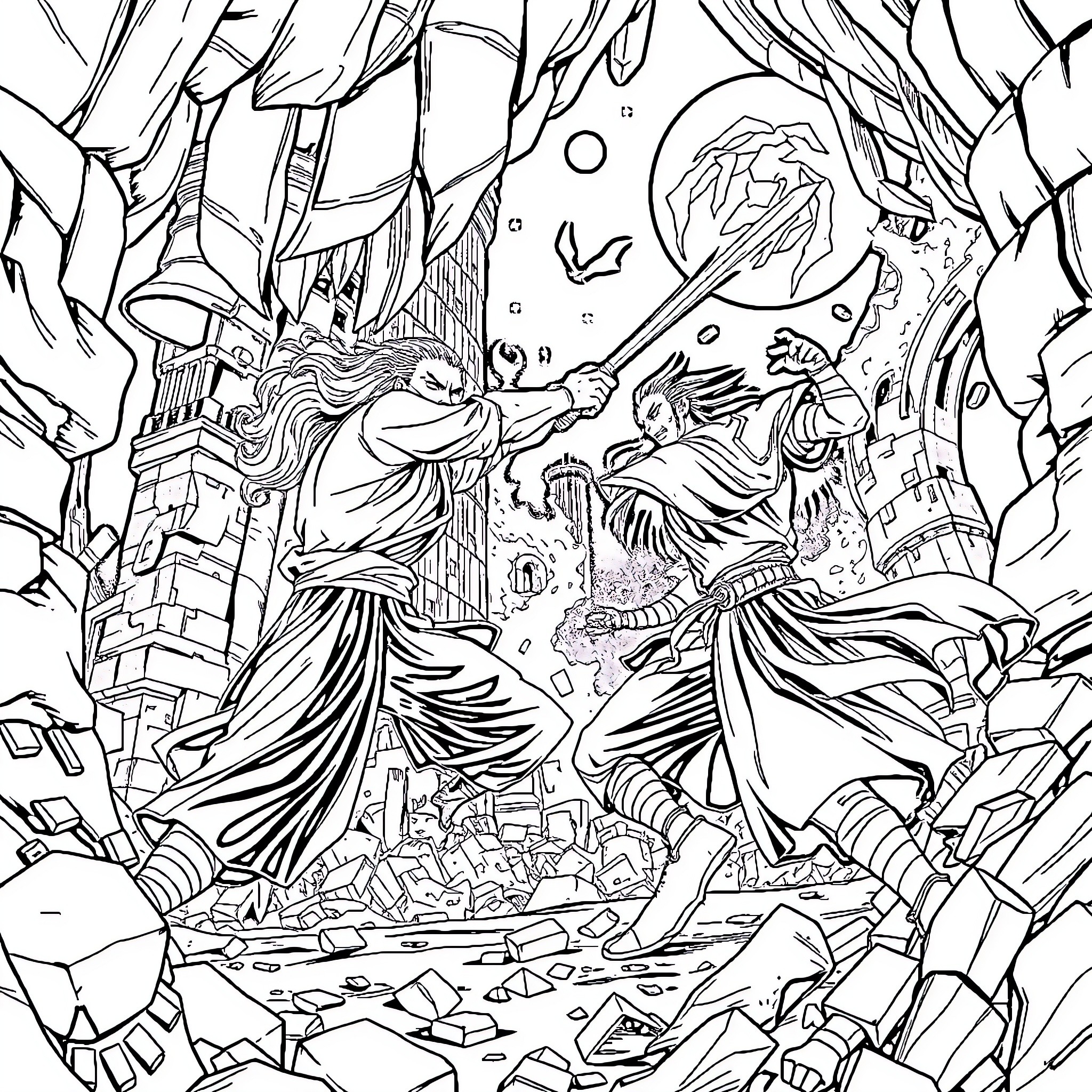 Akaza's Decisive Battle in the Supernatural Realm Coloring Page (free black-and-white line drawing printable PDF for all, from beginners to advanced learners, including children, teens, adults, and seniors)