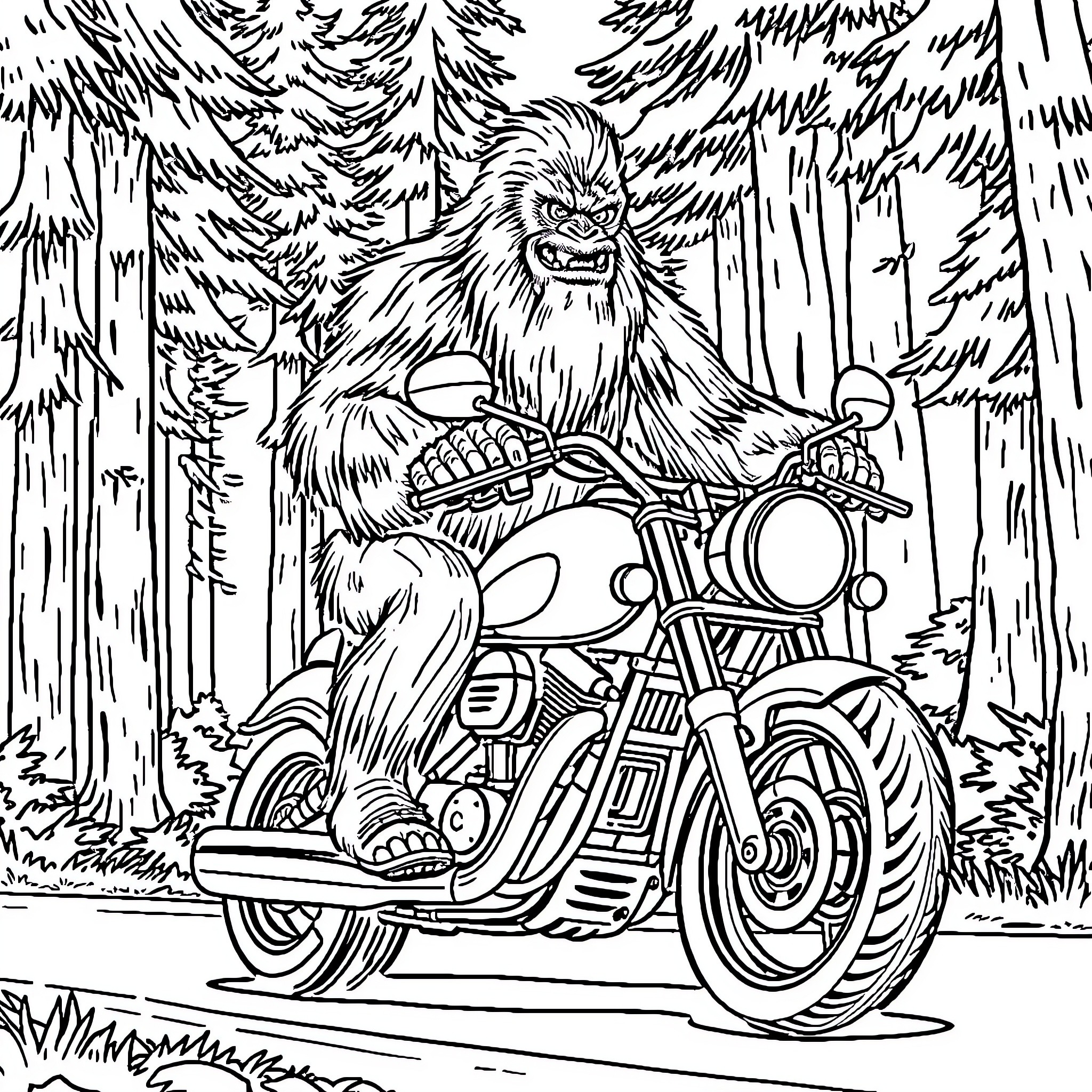Bigfoot riding a motorcycle through the forest Coloring Page (free black-and-white line drawing printable PDF for all, from beginners to advanced learners, including children, teens, adults, and seniors)