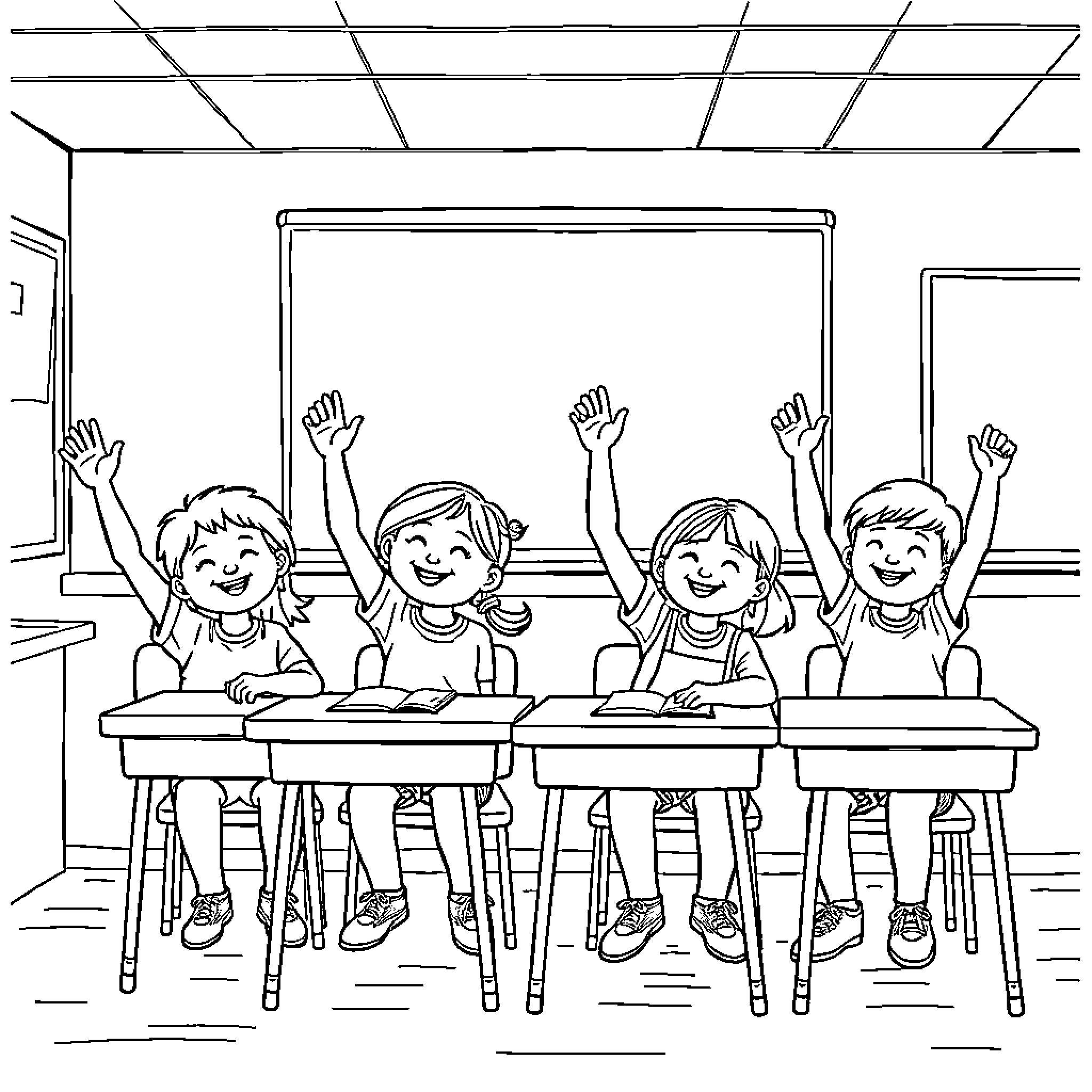 Students enthusiastically participating in classroom activities Coloring Page (free black-and-white line drawing printable PDF for all, from beginners to advanced learners, including children, teens, adults, and seniors)