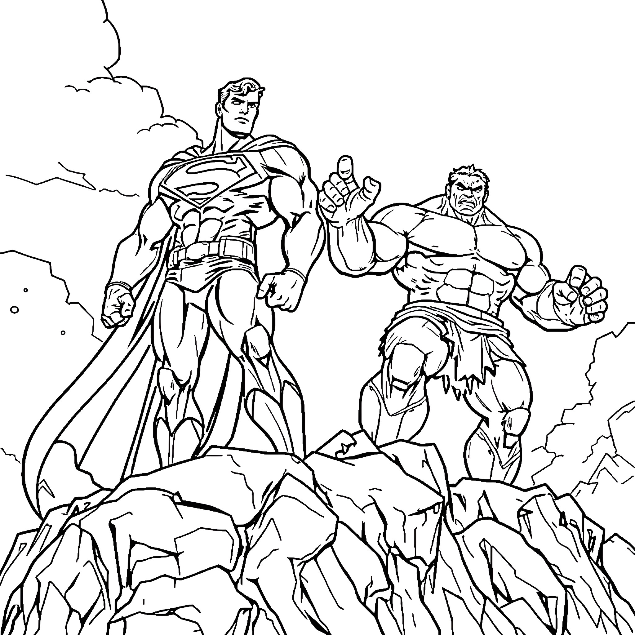 Superman and Hulk in Epic Battle on Cliff Coloring Page (free black-and-white line drawing printable PDF for all, from beginners to advanced learners, including children, teens, adults, and seniors)