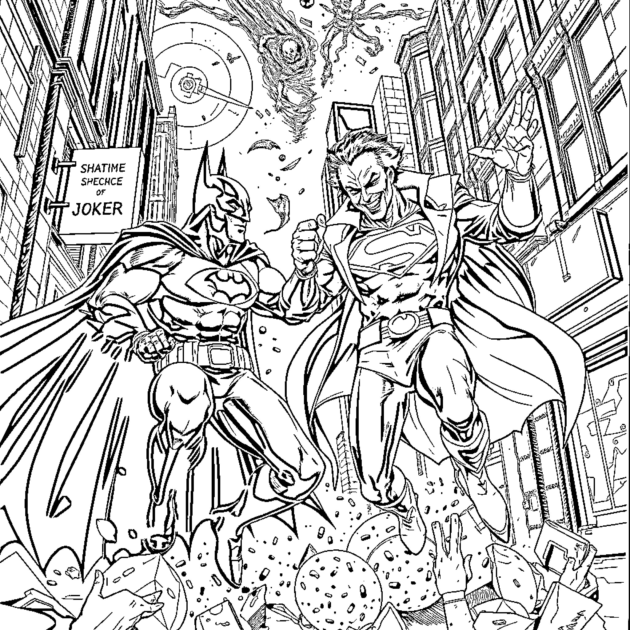 Batman and Joker in Dramatic Confrontation Coloring Page (free black-and-white line drawing printable PDF for all, from beginners to advanced learners, including children, teens, adults, and seniors)