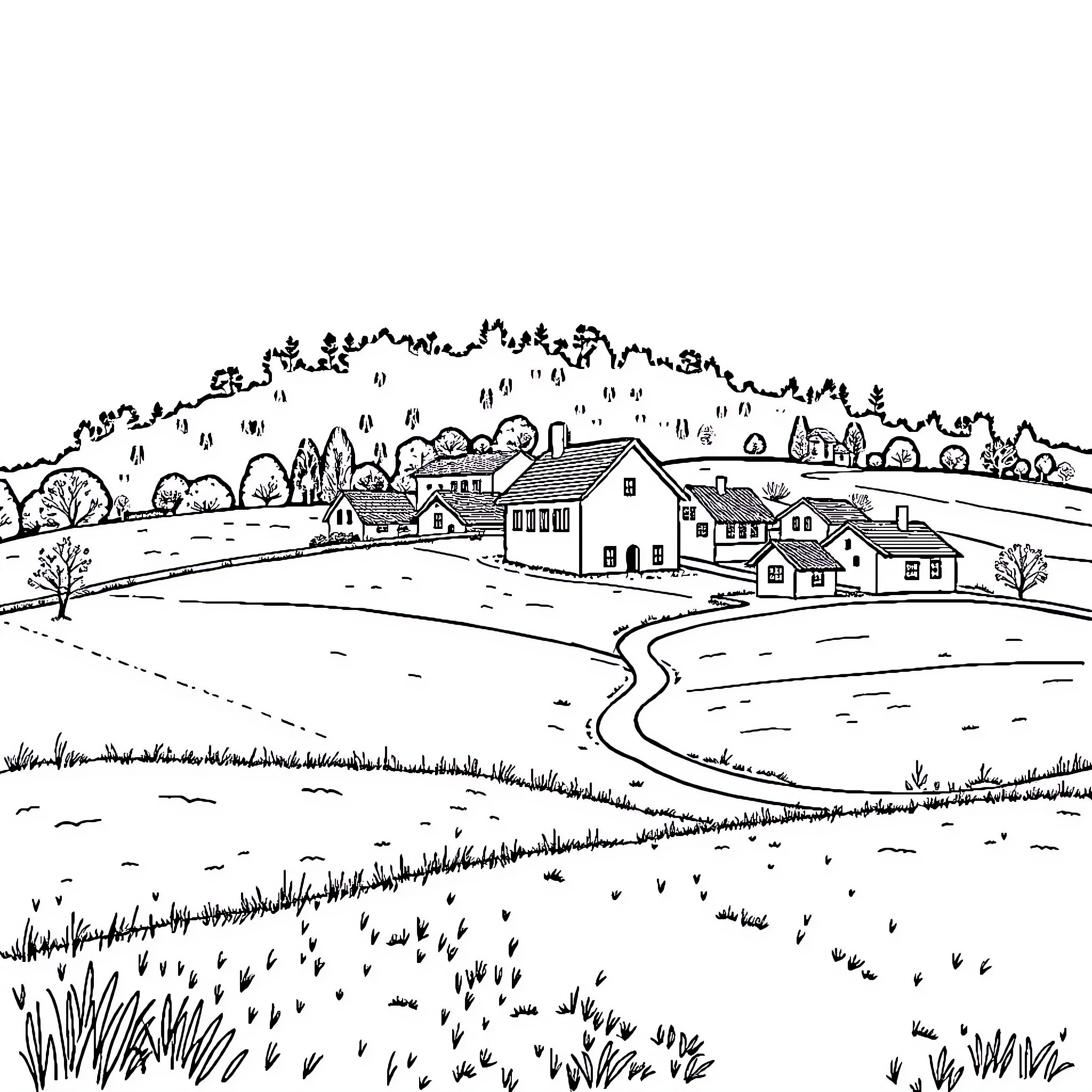 Village Landscape with Houses and Rolling Hills Coloring Page (free black-and-white line drawing printable PDF for all, from beginners to advanced learners, including children, teens, adults, and seniors)
