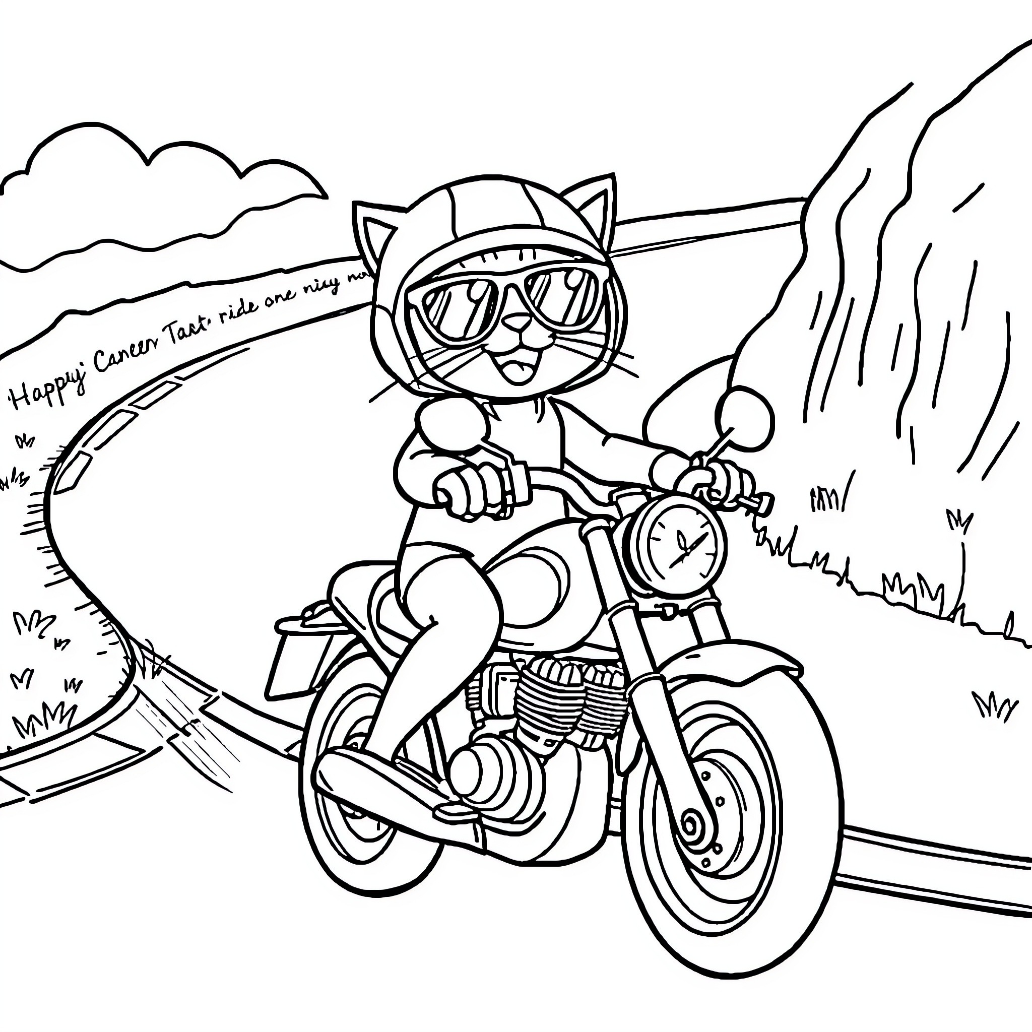 Cat riding a motorcycle on the open road Coloring Page (free black-and-white line drawing printable PDF for all, from beginners to advanced learners, including children, teens, adults, and seniors)