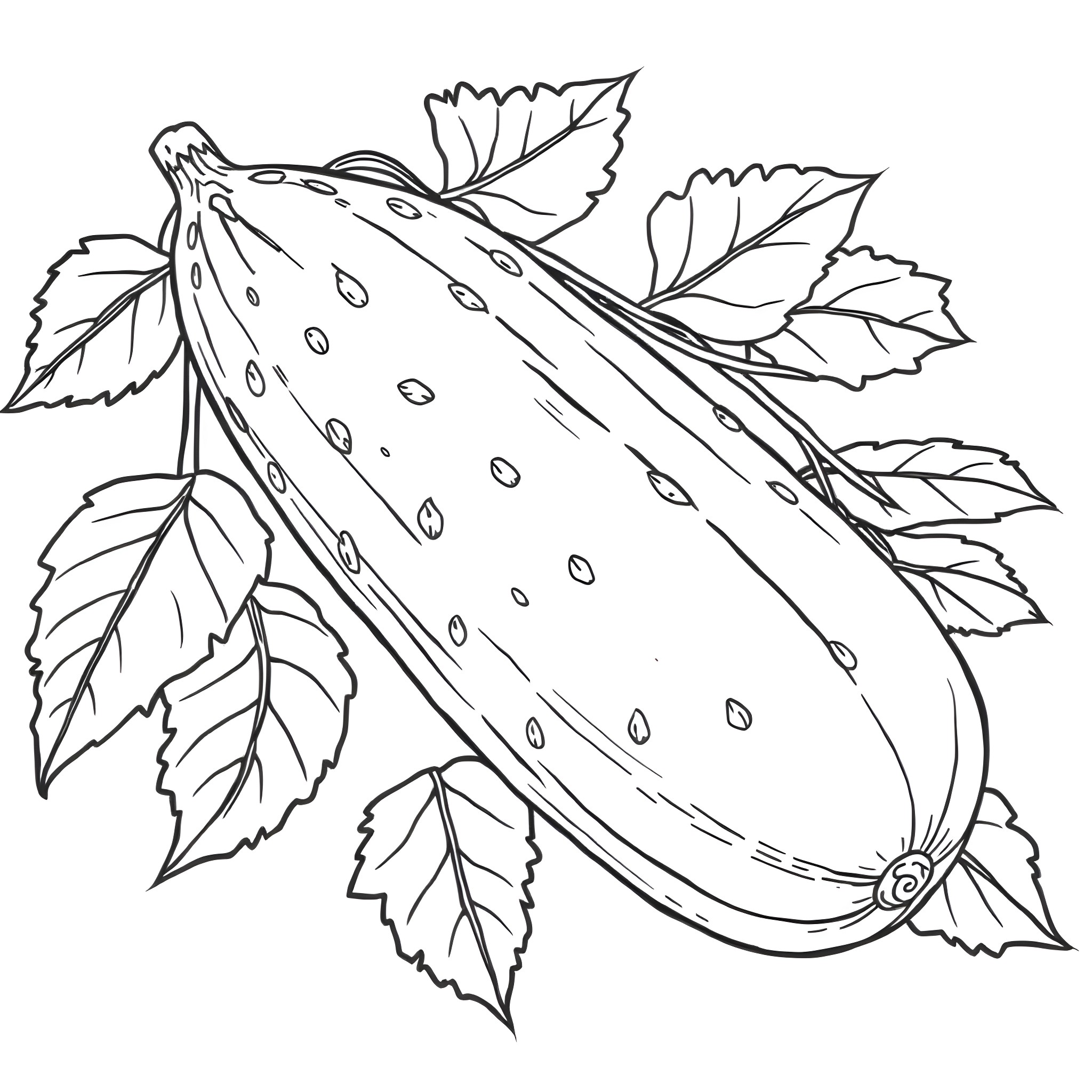 Cucumber with leaves and patterns Coloring Page (free black-and-white line drawing printable PDF for all, from beginners to advanced learners, including children, teens, adults, and seniors)