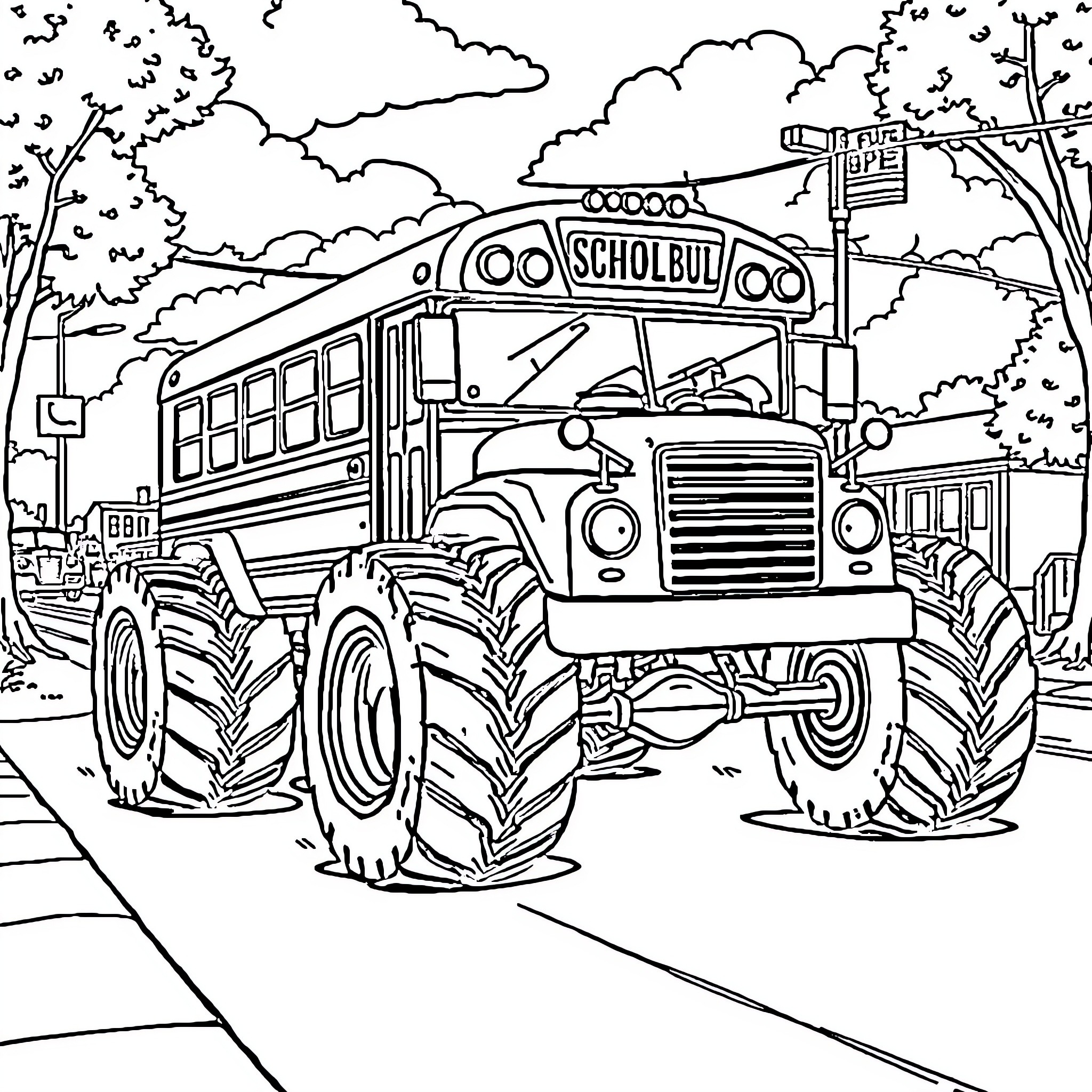 Monster Truck School Bus on Country Road Coloring Page (free black-and-white line drawing printable PDF for all, from beginners to advanced learners, including children, teens, adults, and seniors)