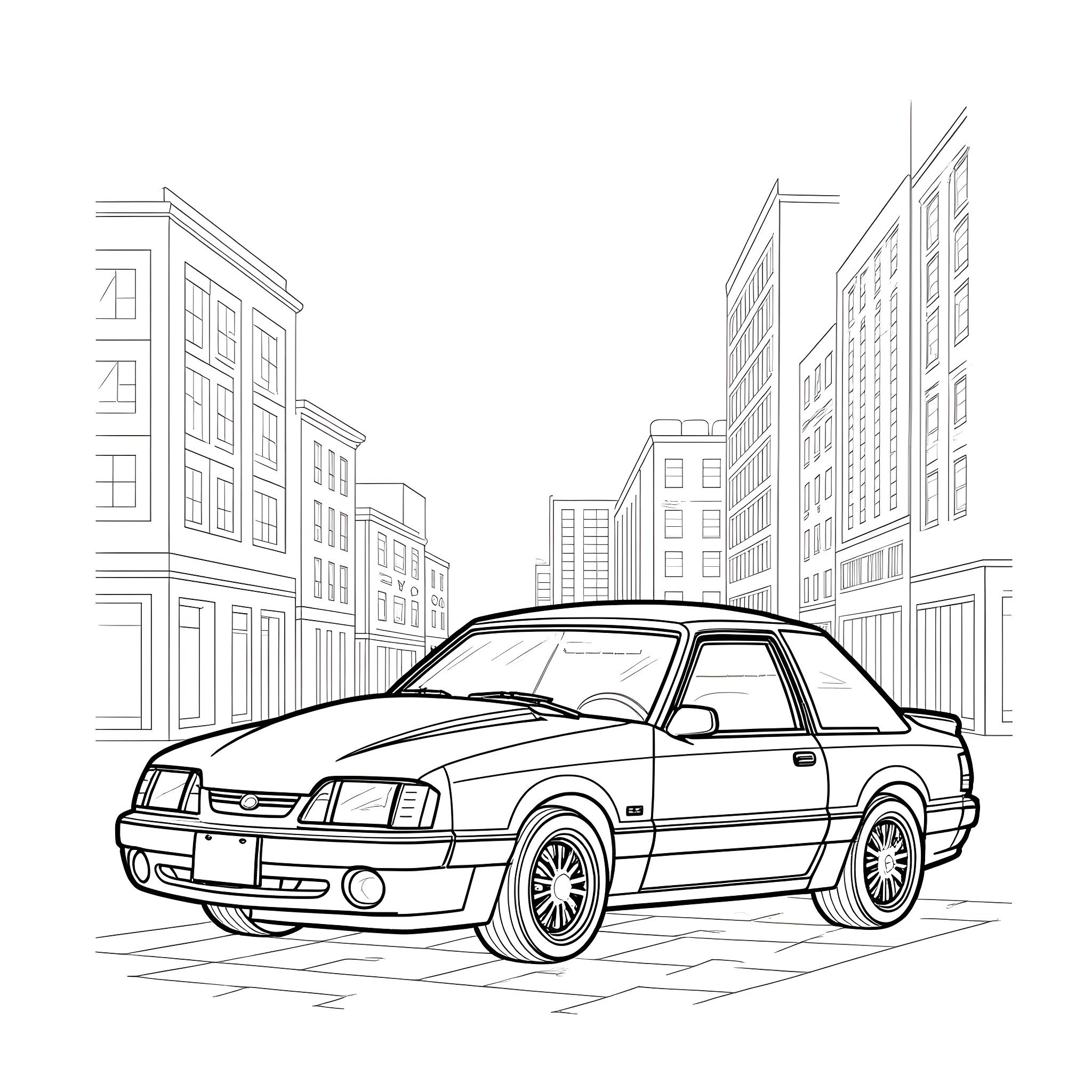 Mustang sports car in the city Coloring Page (free black-and-white line drawing printable PDF for all, from beginners to advanced learners, including children, teens, adults, and seniors)