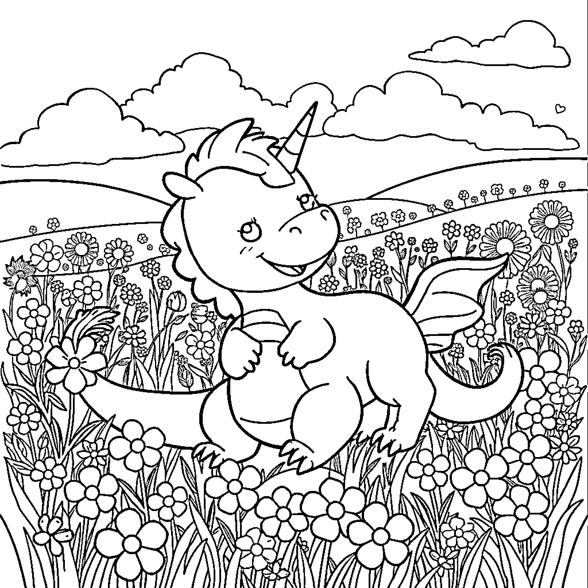 Dragon playing joyfully in a floral meadow Coloring Page (free black-and-white line drawing printable PDF for all, from beginners to advanced learners, including children, teens, adults, and seniors)