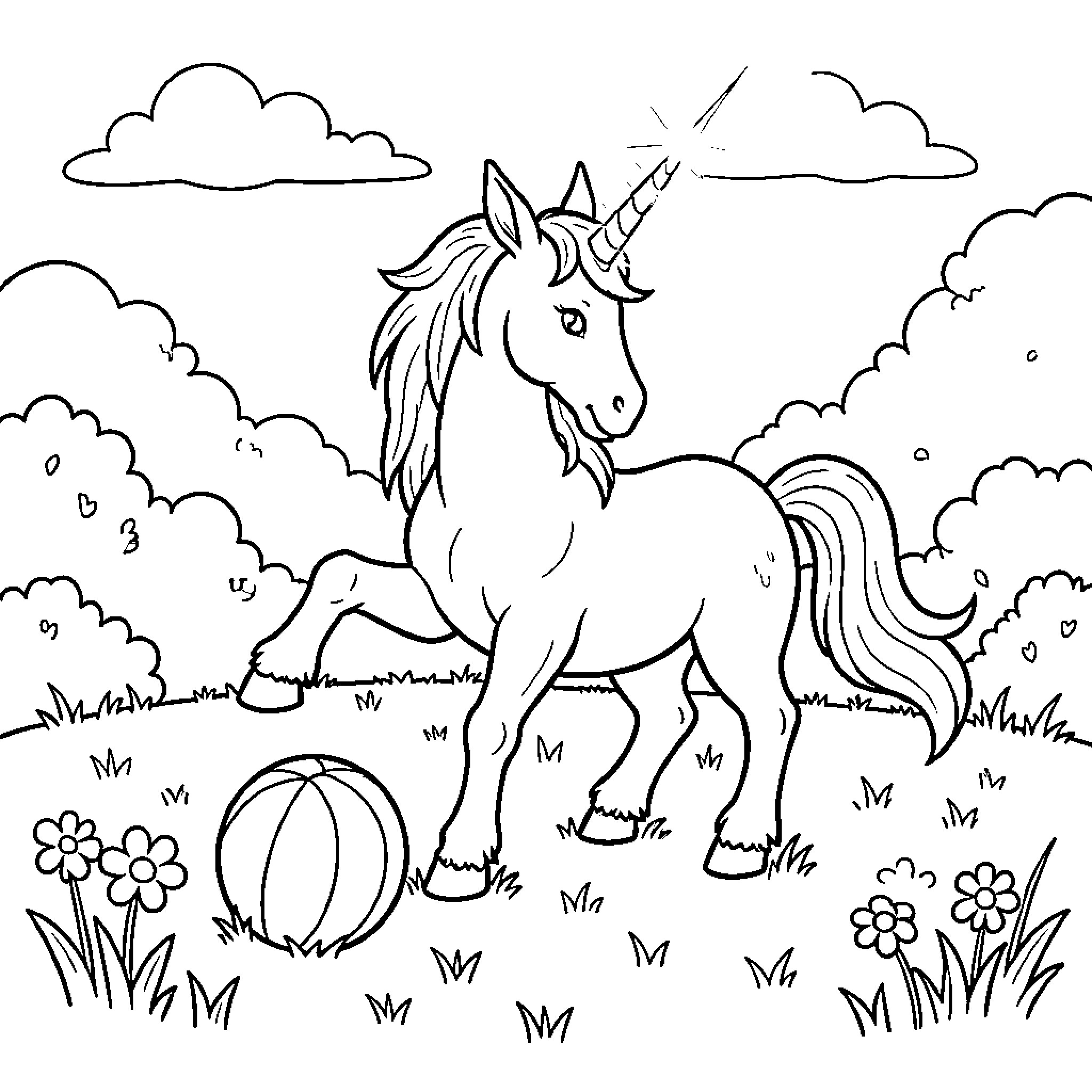 Unicorn grazing peacefully in a magical meadow Coloring Page (free black-and-white line drawing printable PDF for all, from beginners to advanced learners, including children, teens, adults, and seniors)