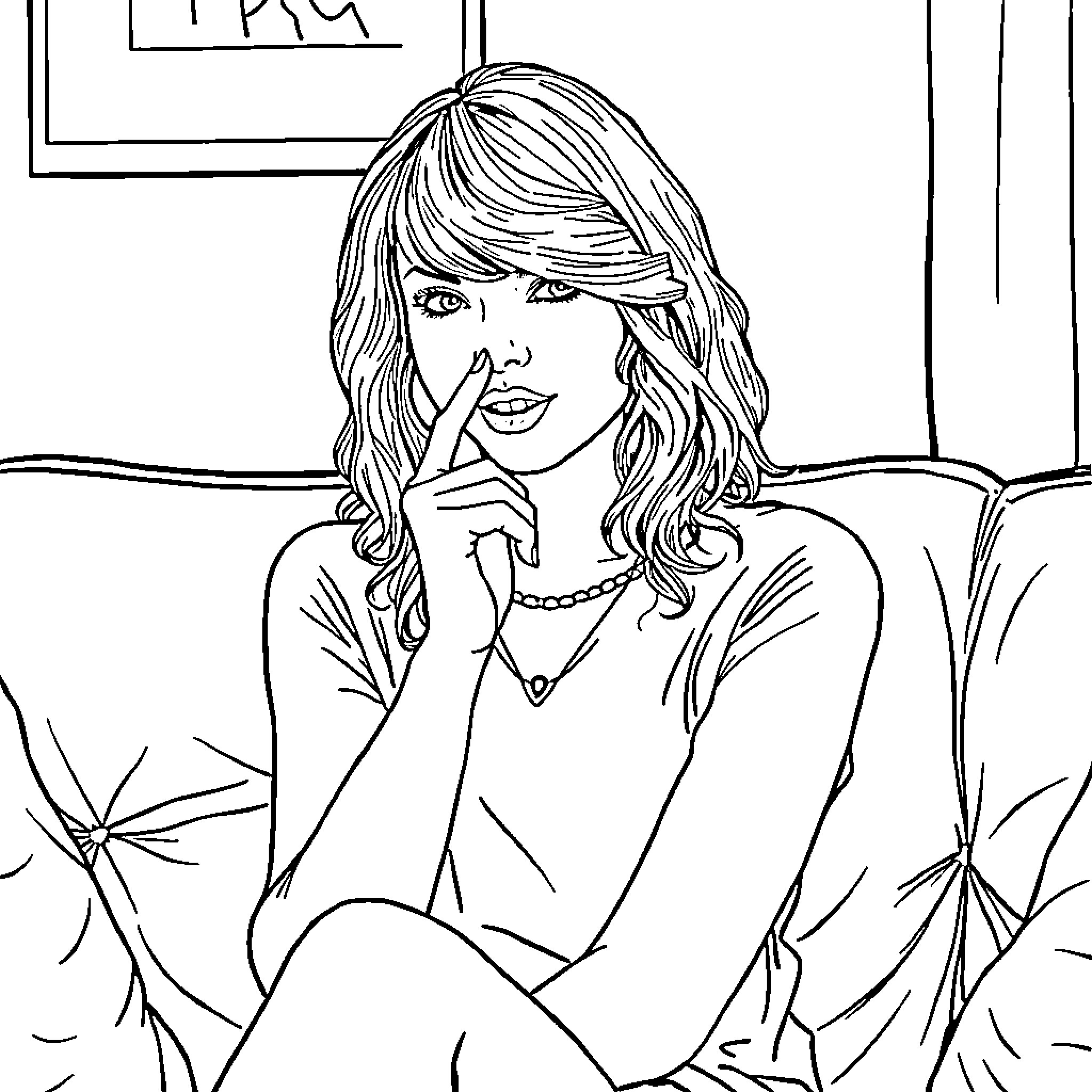Taylor Swift thoughtful expression in black and white Coloring Page (free black-and-white line drawing printable PDF for all, from beginners to advanced learners, including children, teens, adults, and seniors)