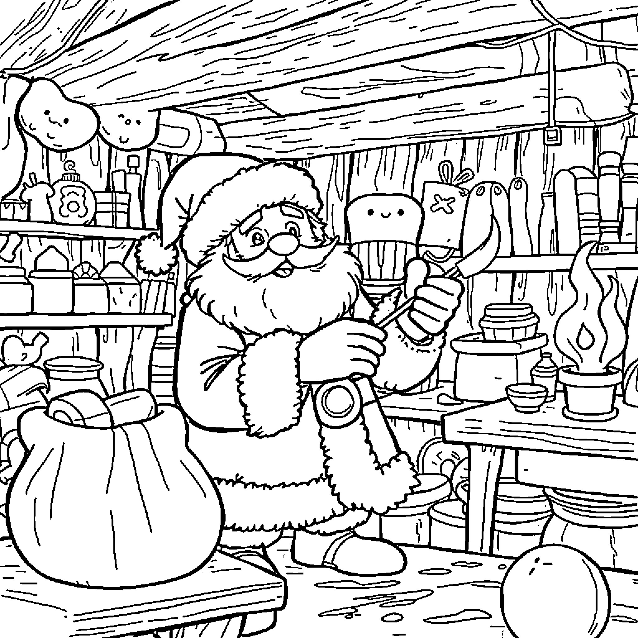 Lutin preparing for winter in cozy cottage Coloring Page (free black-and-white line drawing printable PDF for all, from beginners to advanced learners, including children, teens, adults, and seniors)
