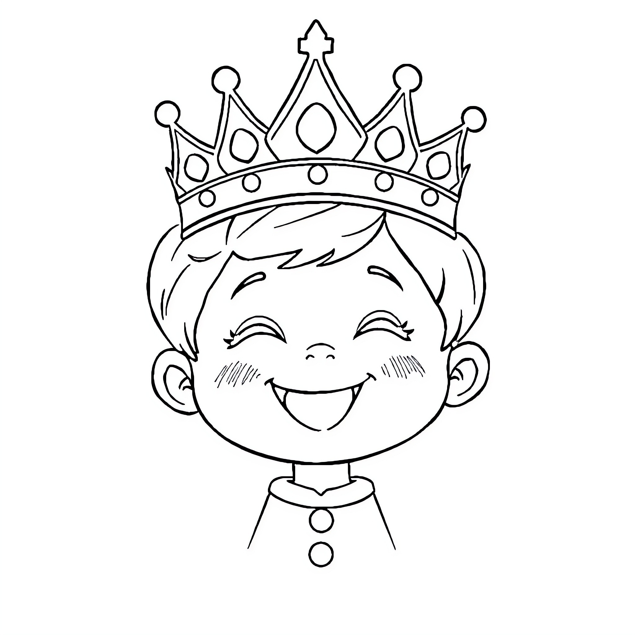 Prince wearing a crown and smiling happily Coloring Page (free black-and-white line drawing printable PDF for all, from beginners to advanced learners, including children, teens, adults, and seniors)
