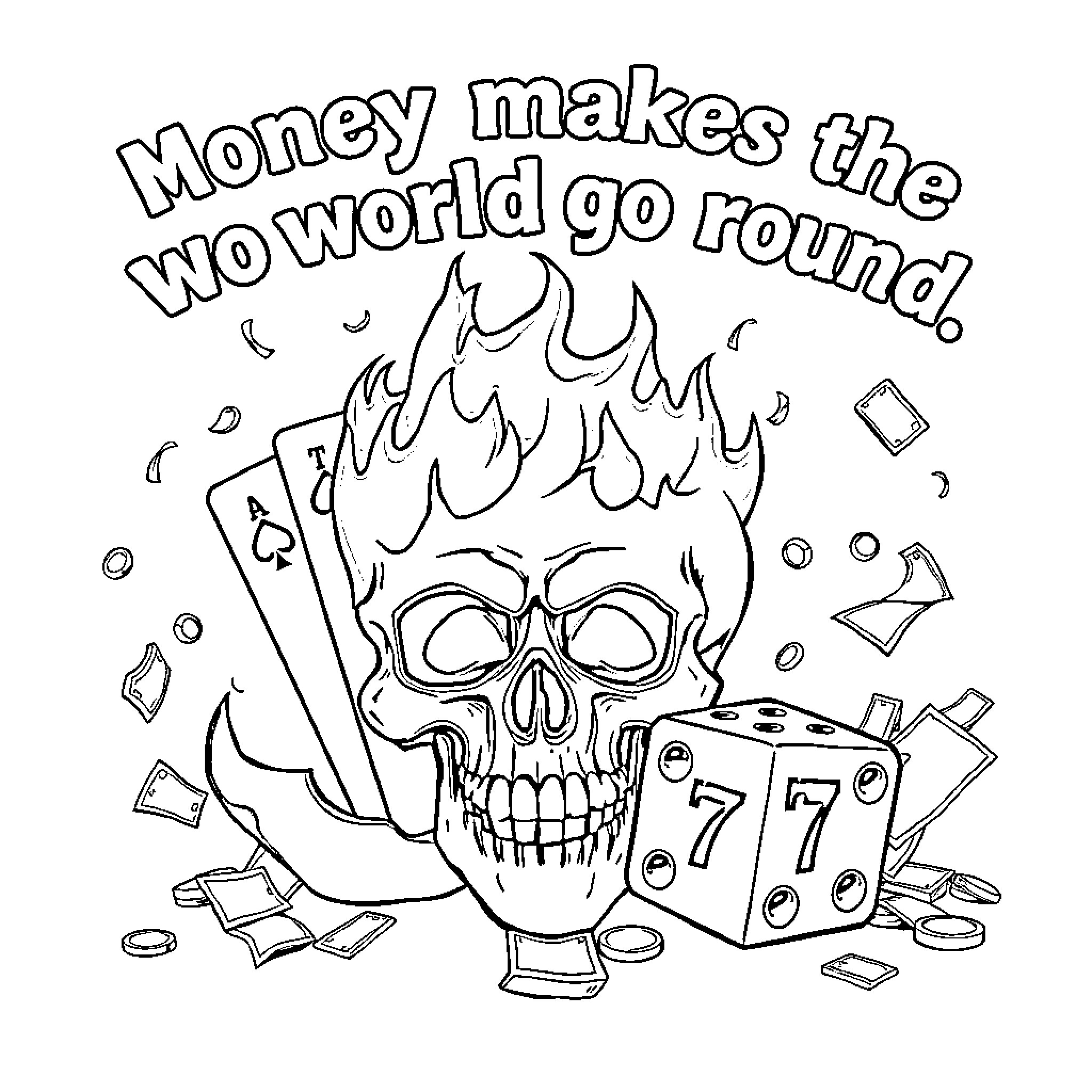 Skull makes the world go round with money and gambling Coloring Page (free black-and-white line drawing printable PDF for all, from beginners to advanced learners, including children, teens, adults, and seniors)