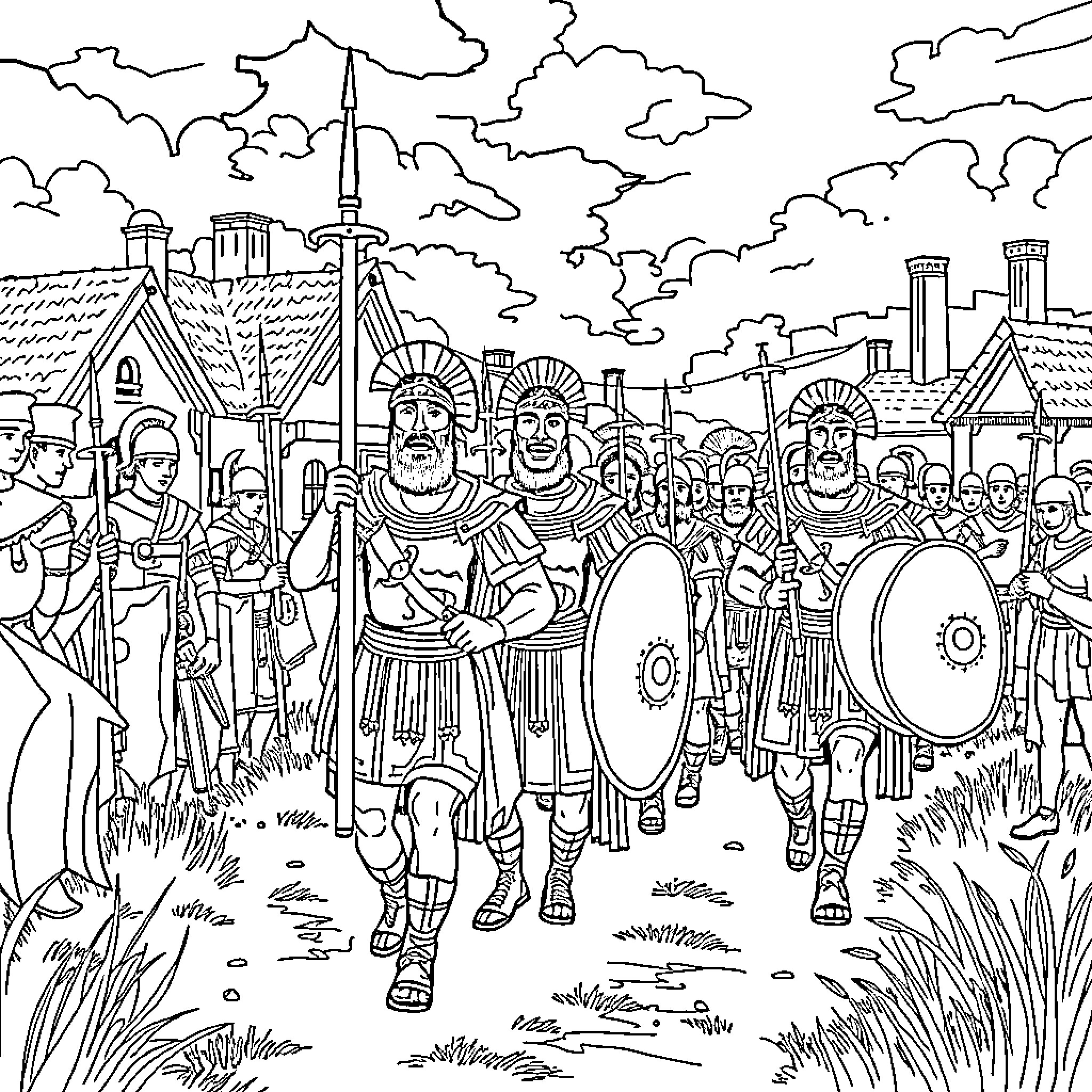 Roman Soldiers Marching with Weapons and Shields Coloring Page (free black-and-white line drawing printable PDF for all, from beginners to advanced learners, including children, teens, adults, and seniors)
