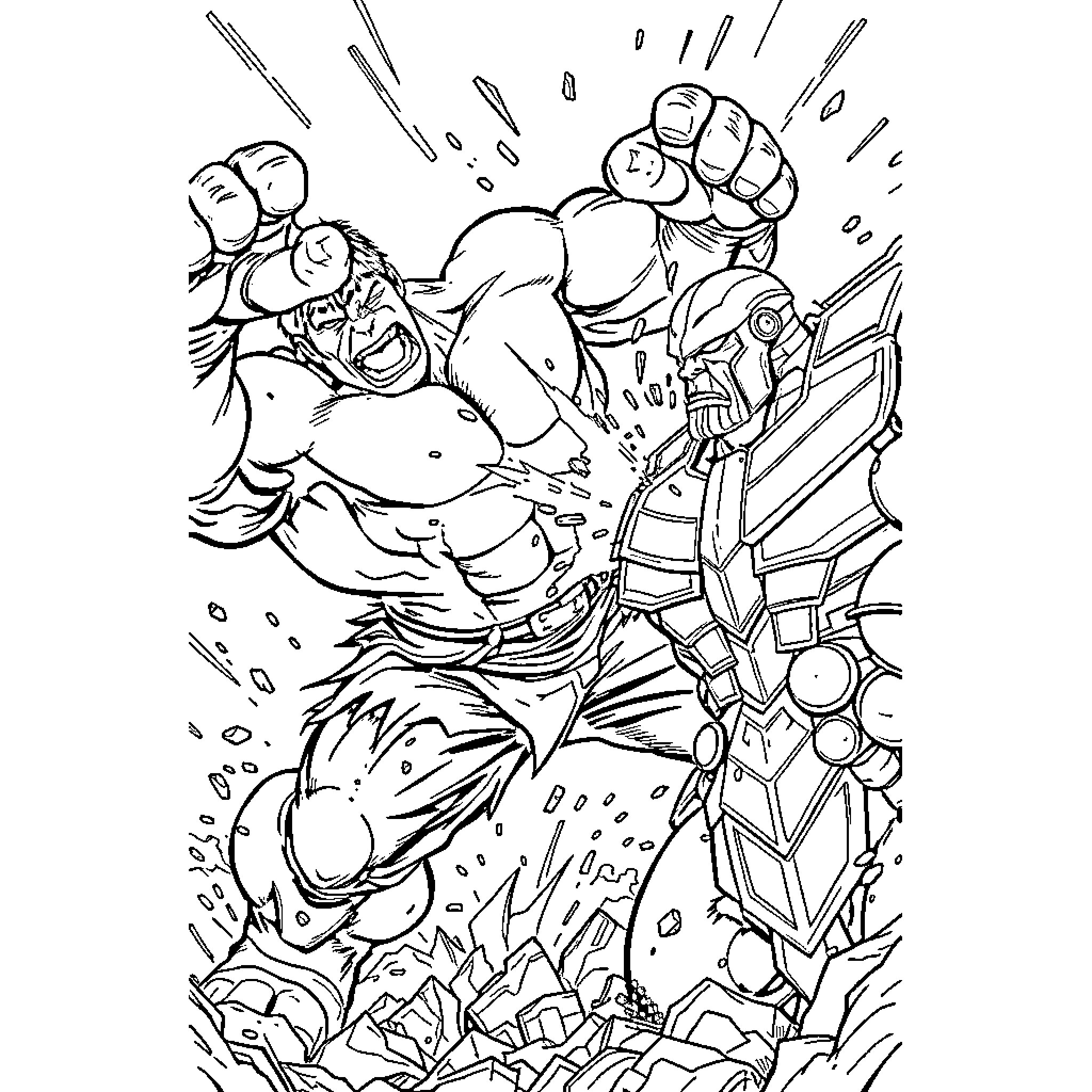Hulk battling fierce enemy in intense fight Coloring Page (free black-and-white line drawing printable PDF for all, from beginners to advanced learners, including children, teens, adults, and seniors)