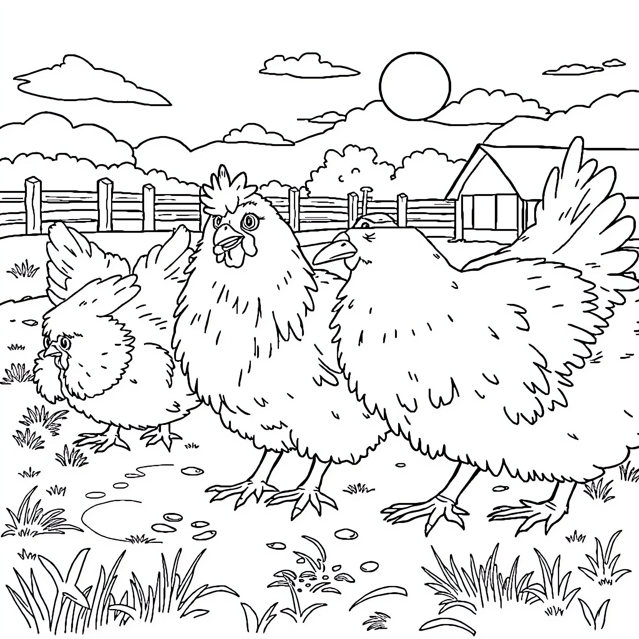 Chickens roaming freely on a farm Coloring Page (free black-and-white line drawing printable PDF for all, from beginners to advanced learners, including children, teens, adults, and seniors)