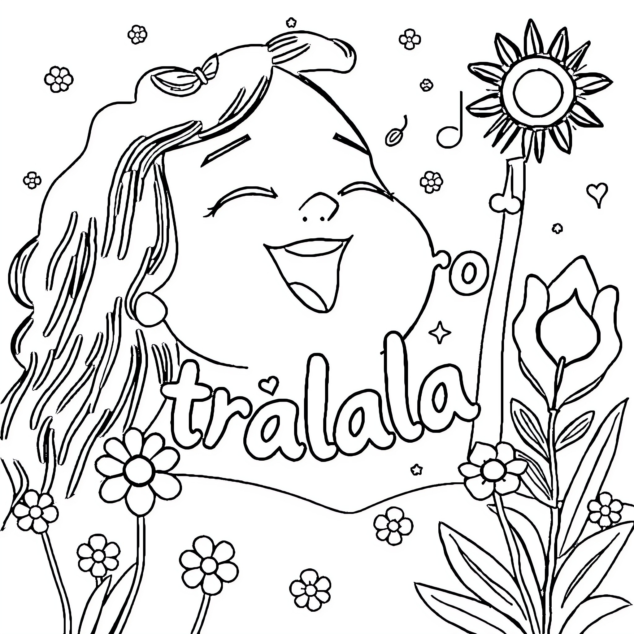 Tralalero: Joyful character in a whimsical floral landscape Coloring Page (free black-and-white line drawing printable PDF for all, from beginners to advanced learners, including children, teens, adults, and seniors)