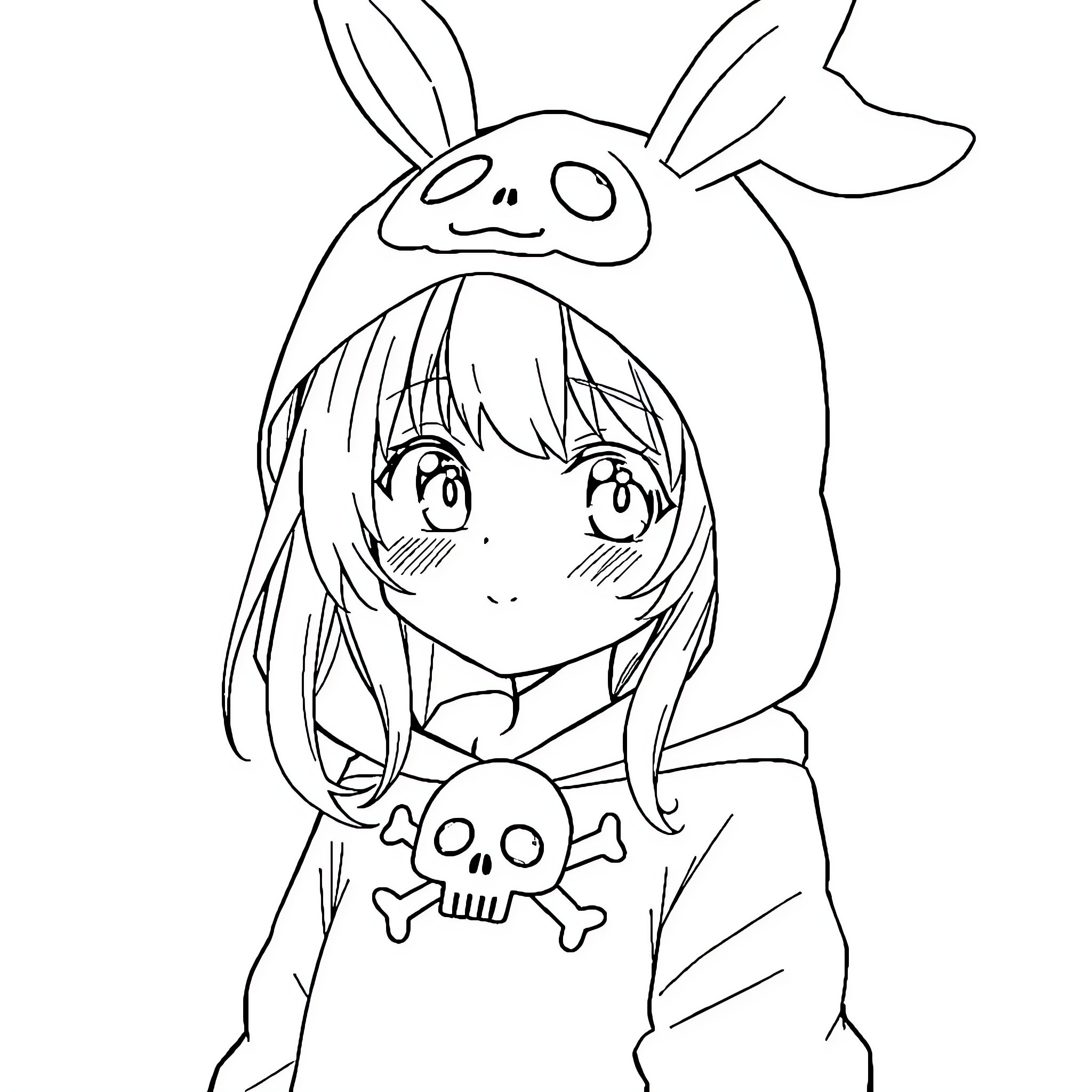 Kuromi in Cute Bunny-Themed Outfit Coloring Page (free black-and-white line drawing printable PDF for all, from beginners to advanced learners, including children, teens, adults, and seniors)