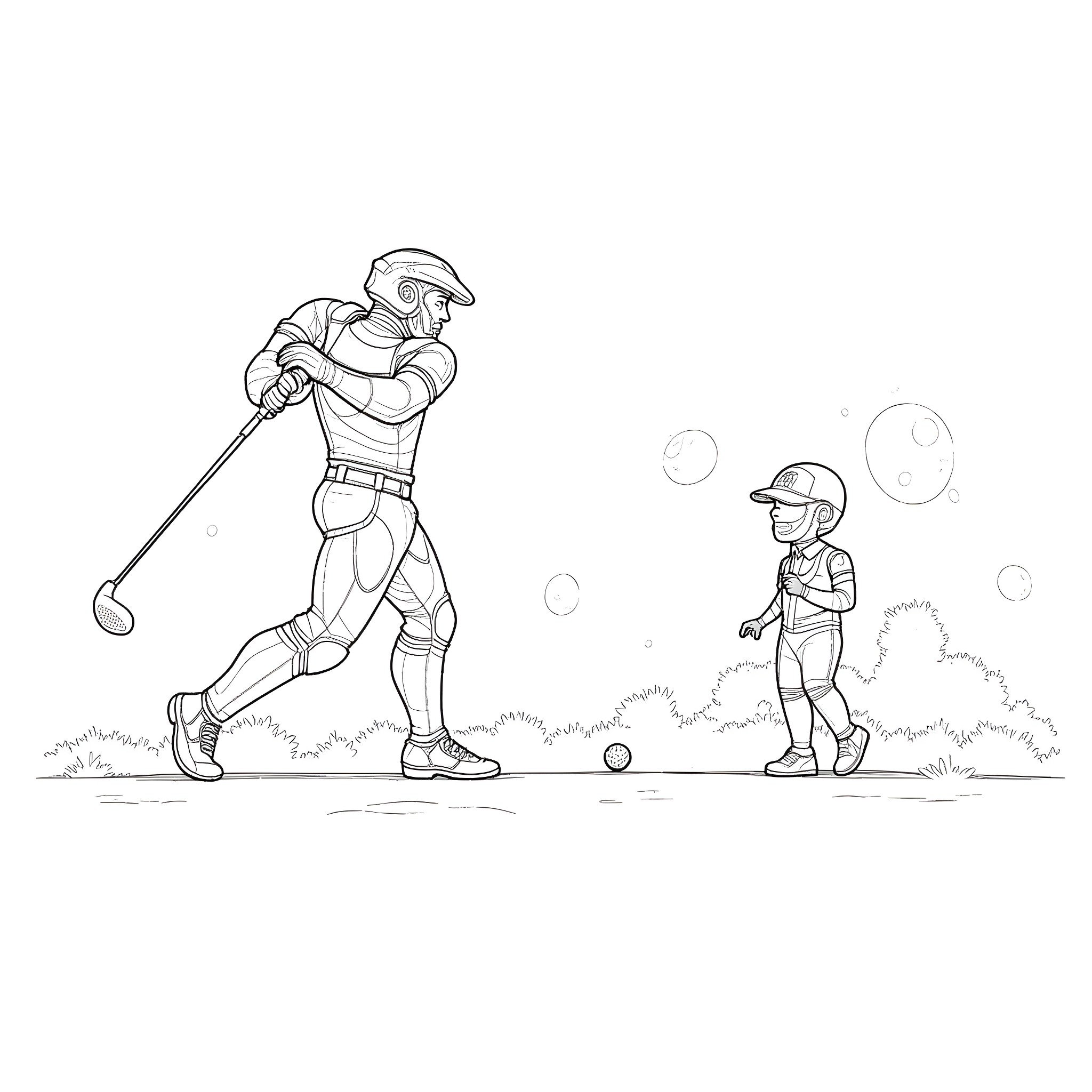 Commander Shepard golfs with a young fan Coloring Page (free black-and-white line drawing printable PDF for all, from beginners to advanced learners, including children, teens, adults, and seniors)