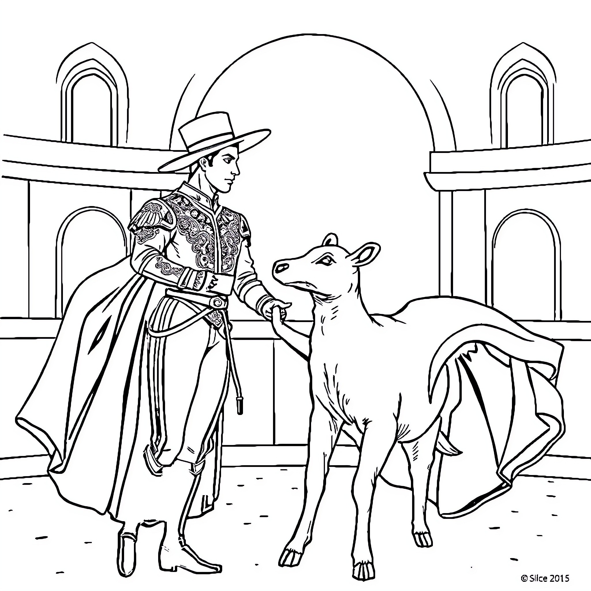 Matador interacting with a bull in a bullfighting arena Coloring Page (free black-and-white line drawing printable PDF for all, from beginners to advanced learners, including children, teens, adults, and seniors)