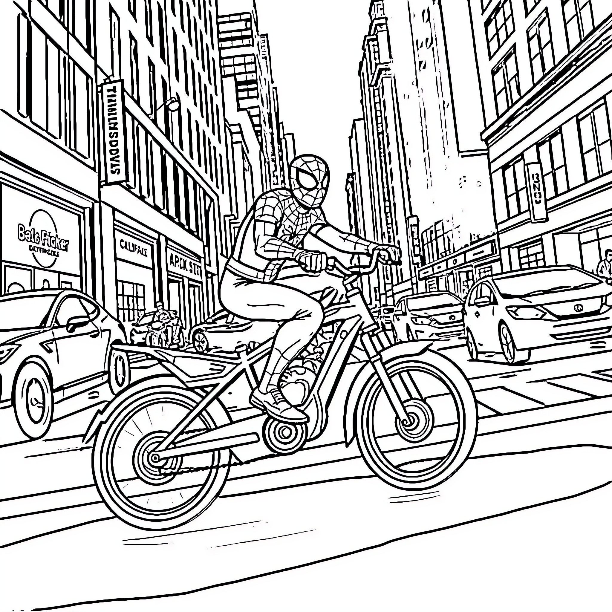 Spider-Man Riding a Bicycle in the City Coloring Page (free black-and-white line drawing printable PDF for all, from beginners to advanced learners, including children, teens, adults, and seniors)