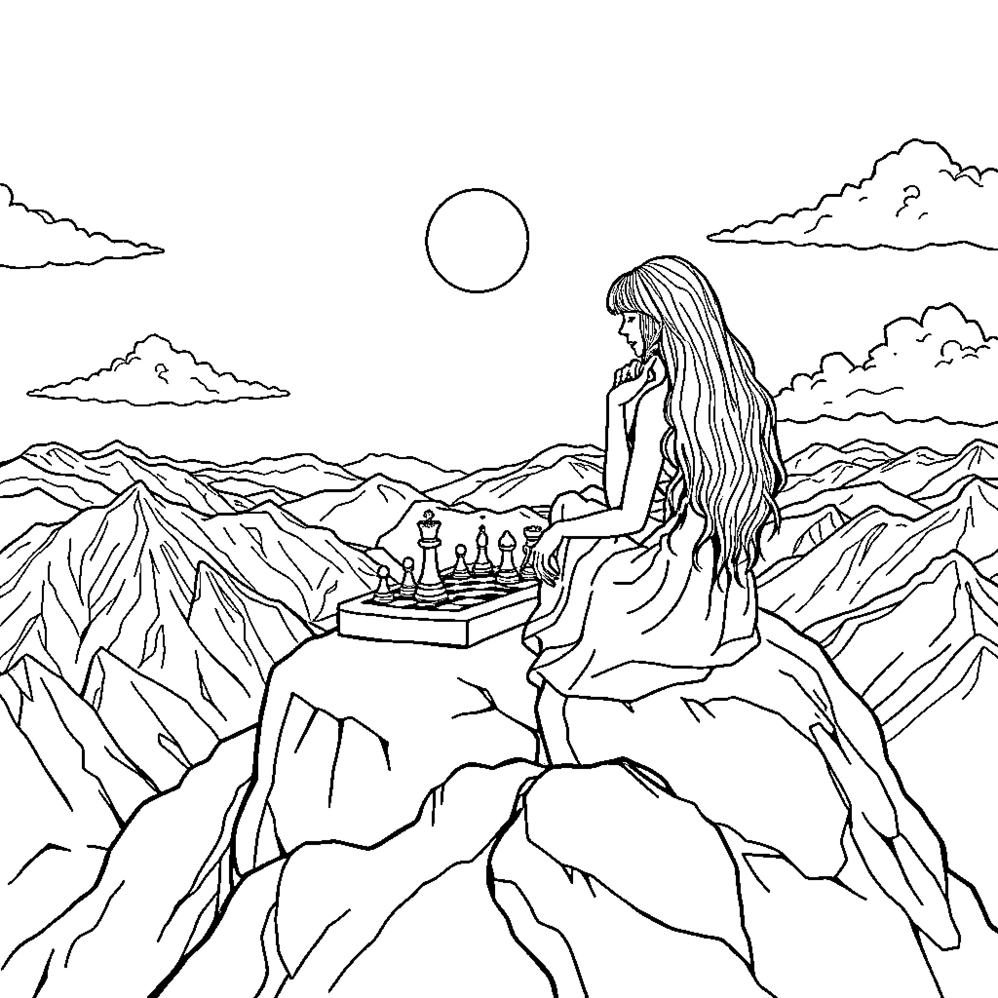Woman overlooking a mountainous landscape Coloring Page (free black-and-white line drawing printable PDF for all, from beginners to advanced learners, including children, teens, adults, and seniors)