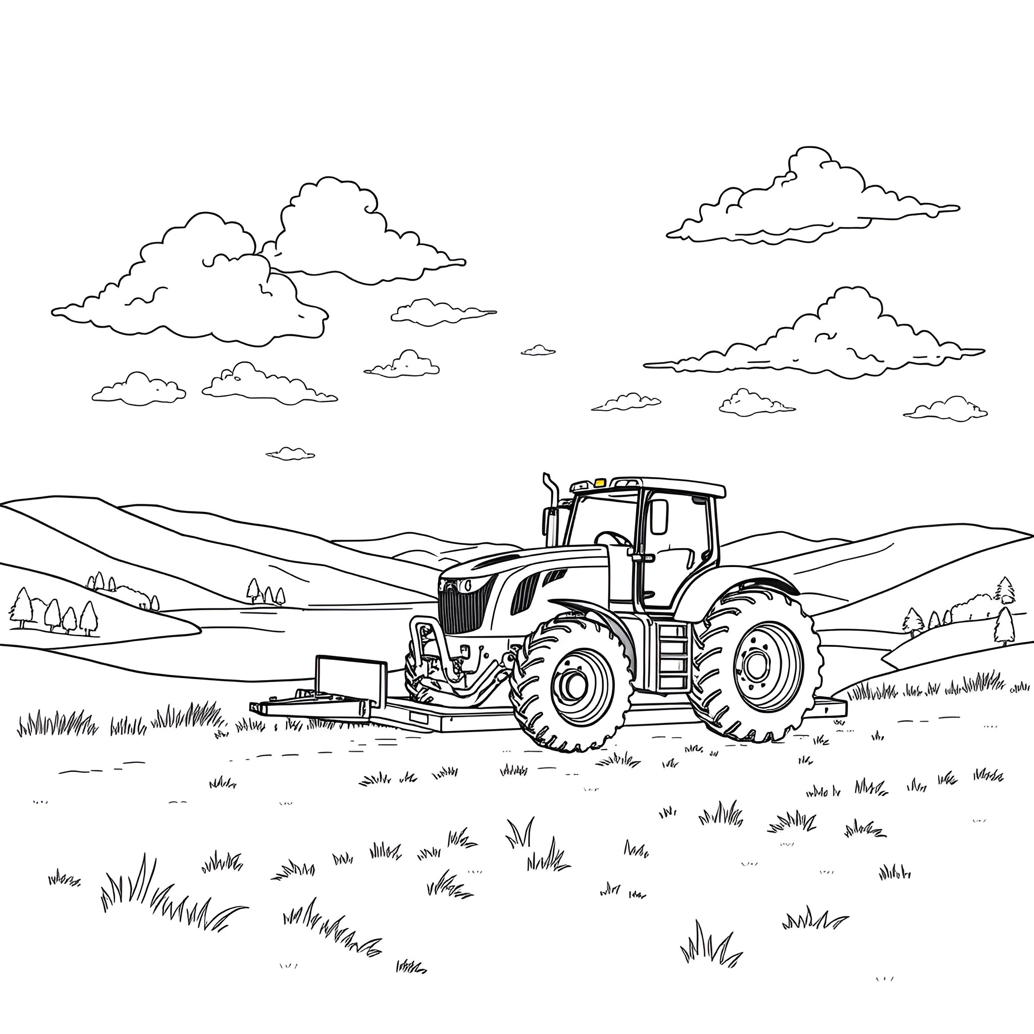 Tractor plowing fields under cloudy skies Coloring Page (free black-and-white line drawing printable PDF for all, from beginners to advanced learners, including children, teens, adults, and seniors)