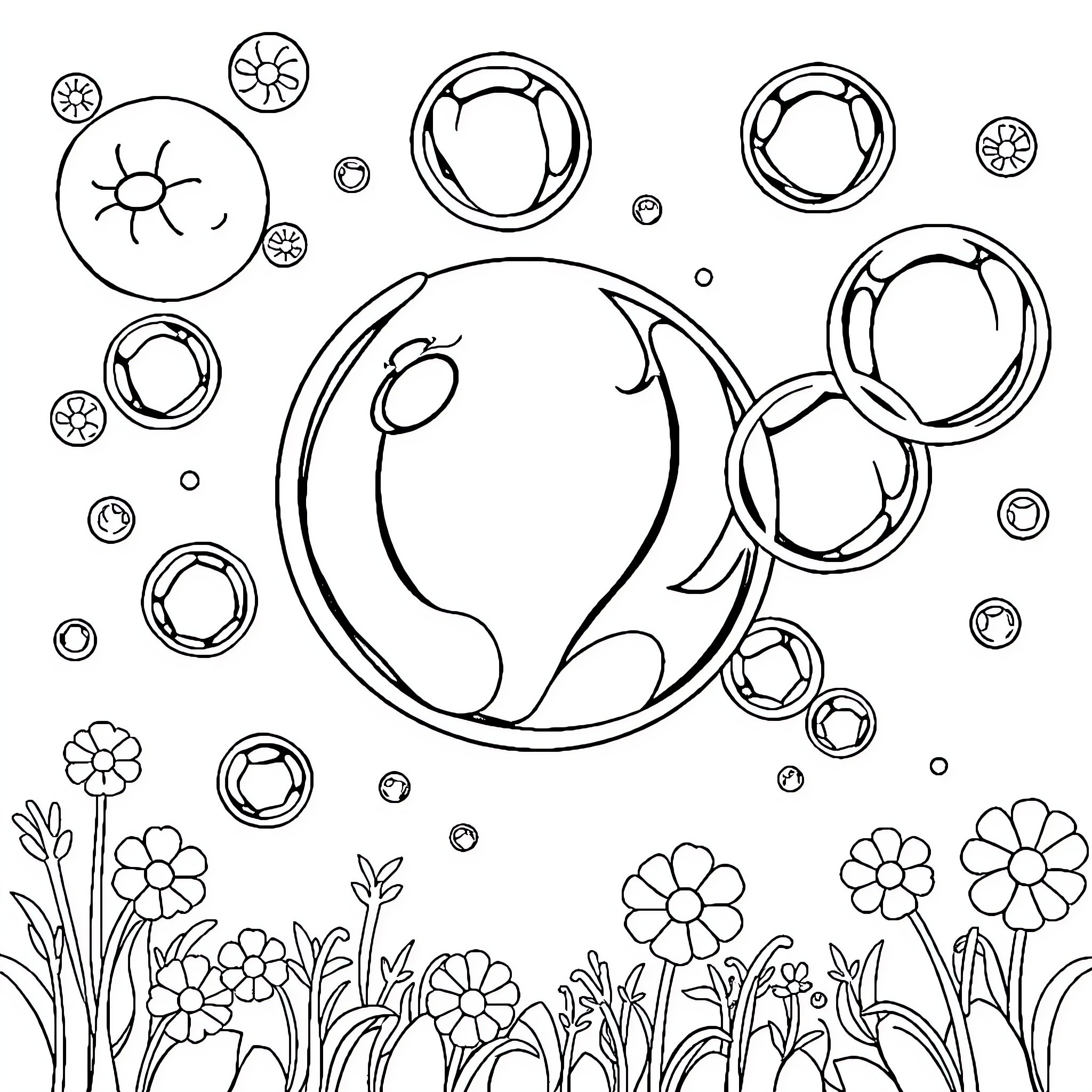 Bubble floating amidst flowers and suns Coloring Page (free black-and-white line drawing printable PDF for all, from beginners to advanced learners, including children, teens, adults, and seniors)