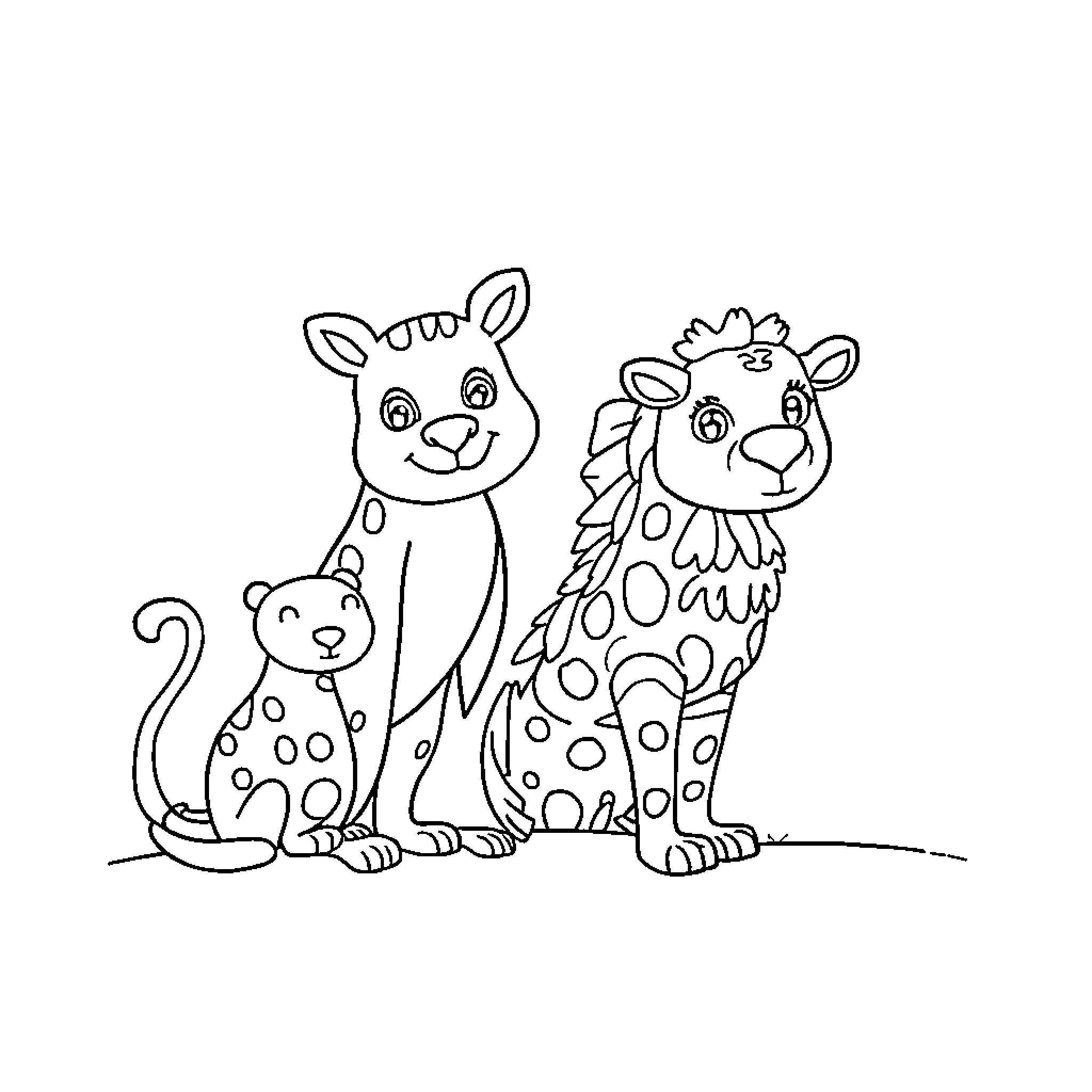 Animal friends in a playful pose Coloring Page (free black-and-white line drawing printable PDF for all, from beginners to advanced learners, including children, teens, adults, and seniors)