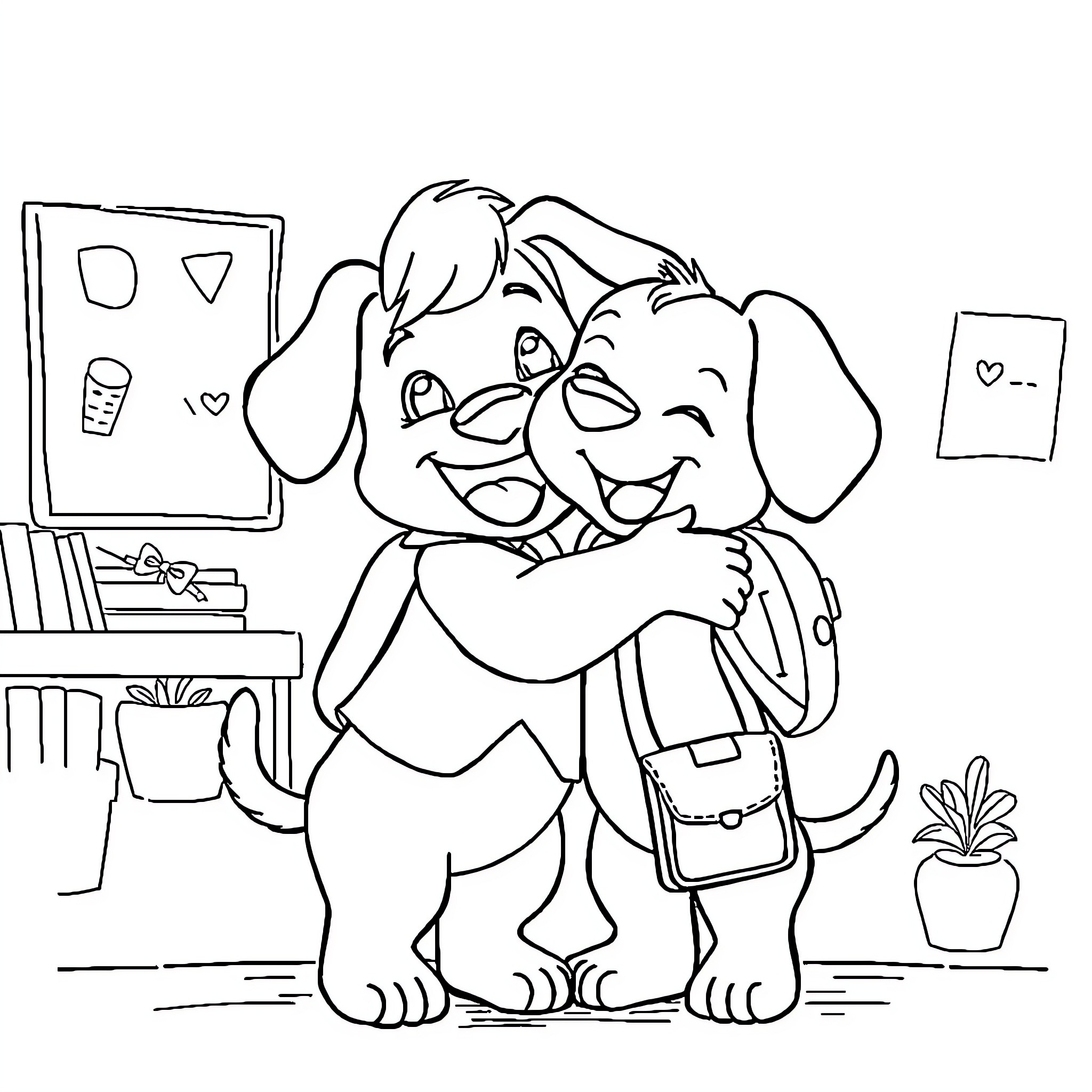 Bluey and a Friendly Puppy in a Cozy Room Coloring Page (free black-and-white line drawing printable PDF for all, from beginners to advanced learners, including children, teens, adults, and seniors)