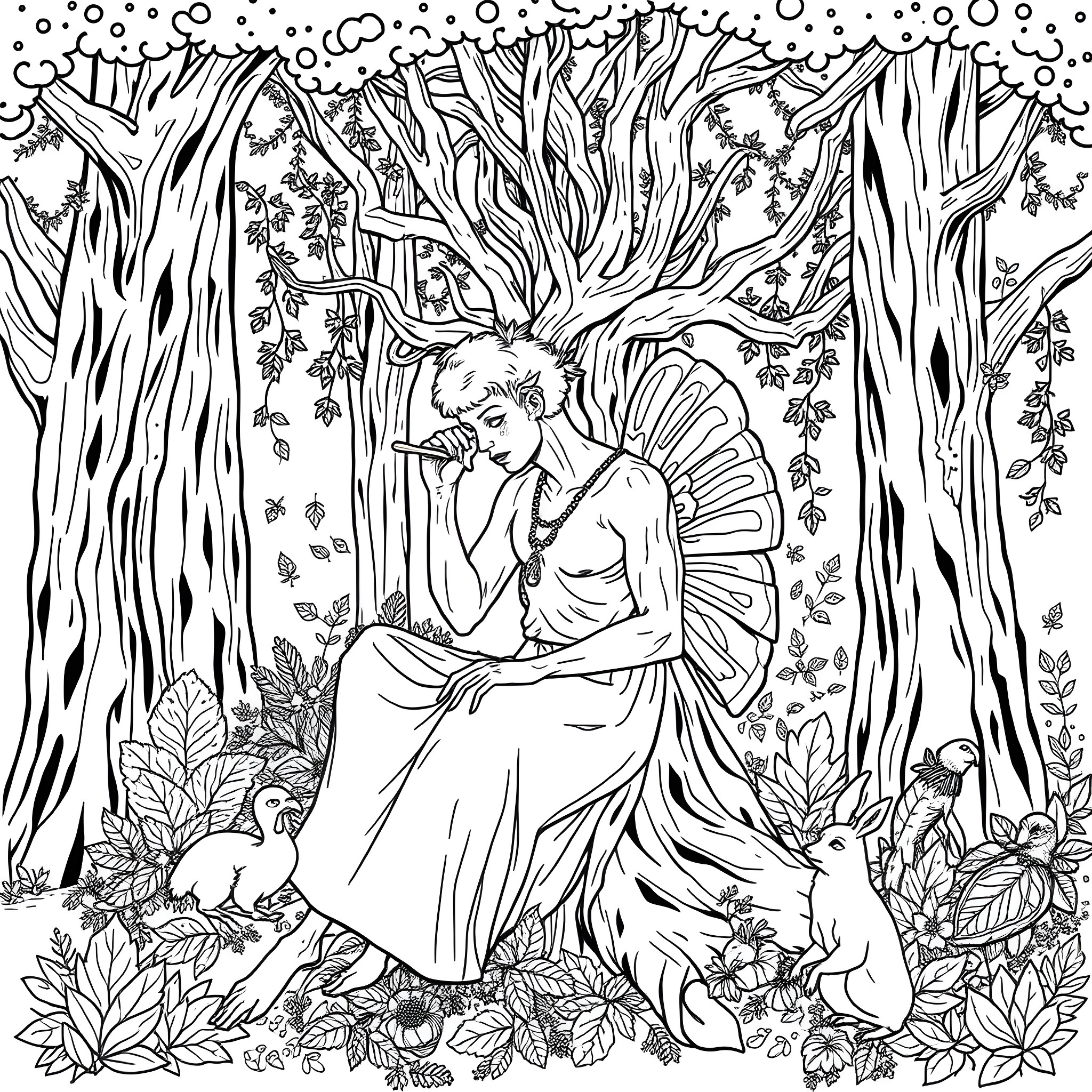 Hammadryad in a whimsical forest scene Coloring Page (free black-and-white line drawing printable PDF for all, from beginners to advanced learners, including children, teens, adults, and seniors)